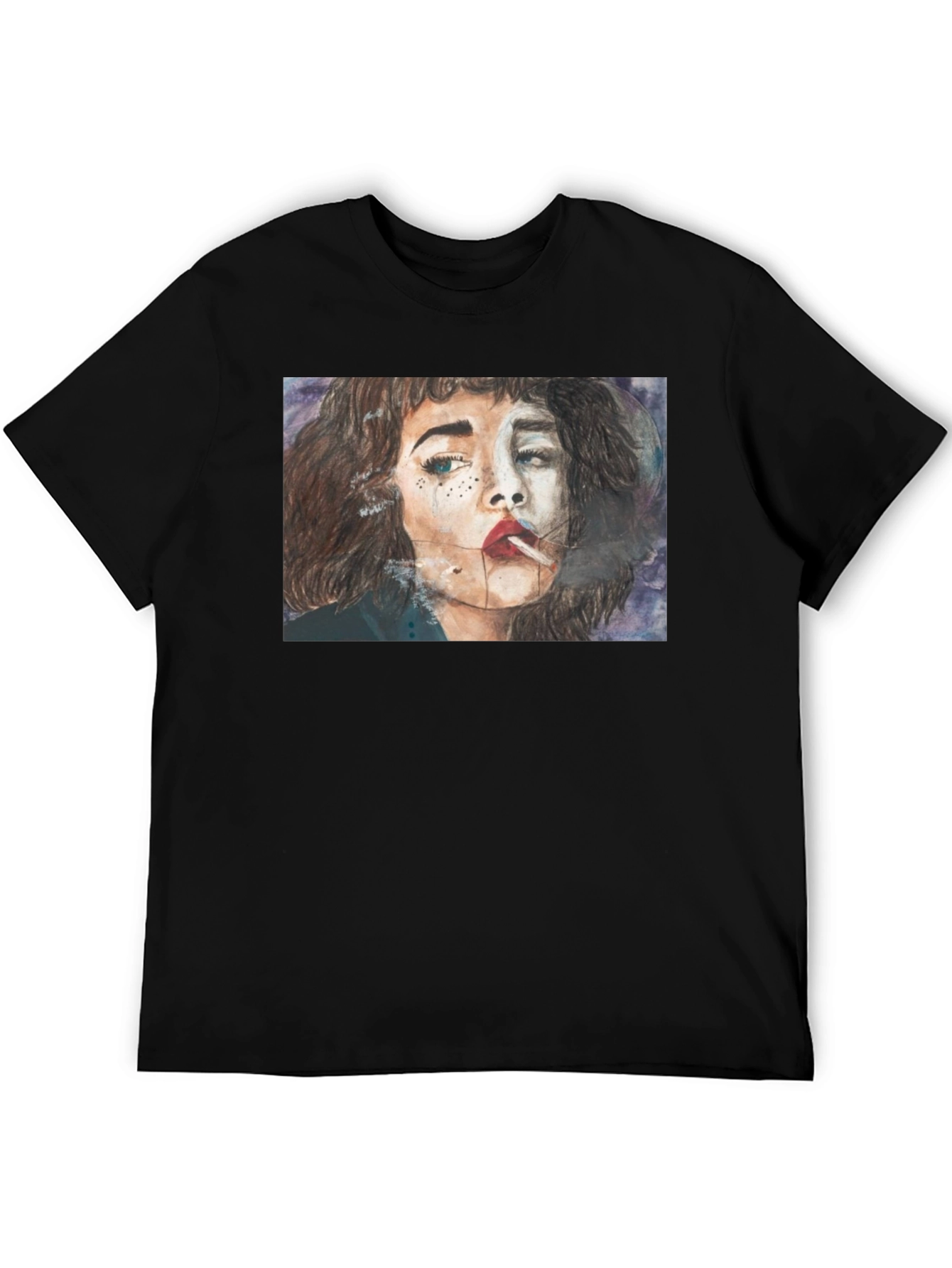 Black Smoking Woman Graphic Tee - Unisex Black T-Shirt view 5
