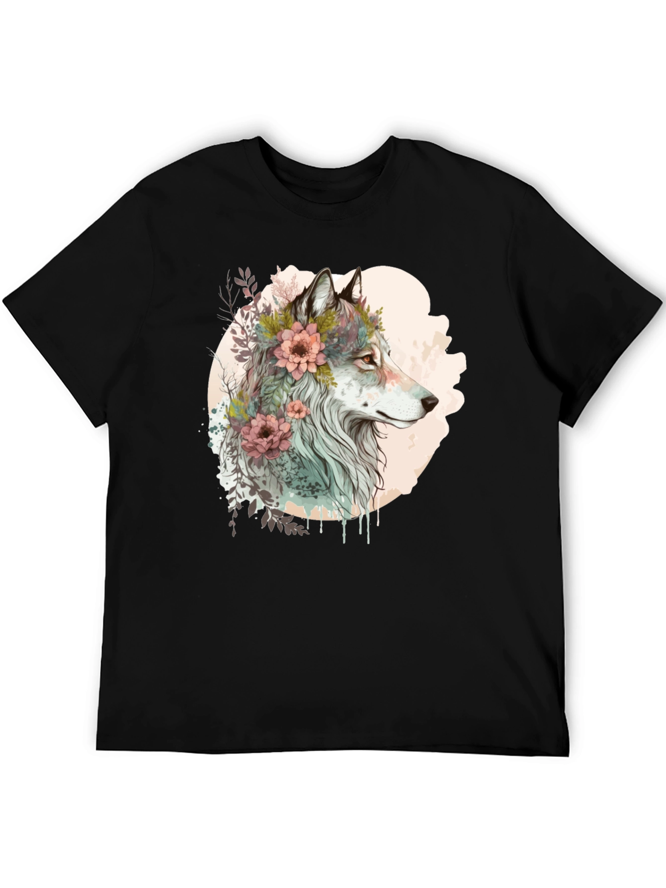 Black Wolf and Floral Graphic Tee - Stylish Men's Black T-Shirt view 5