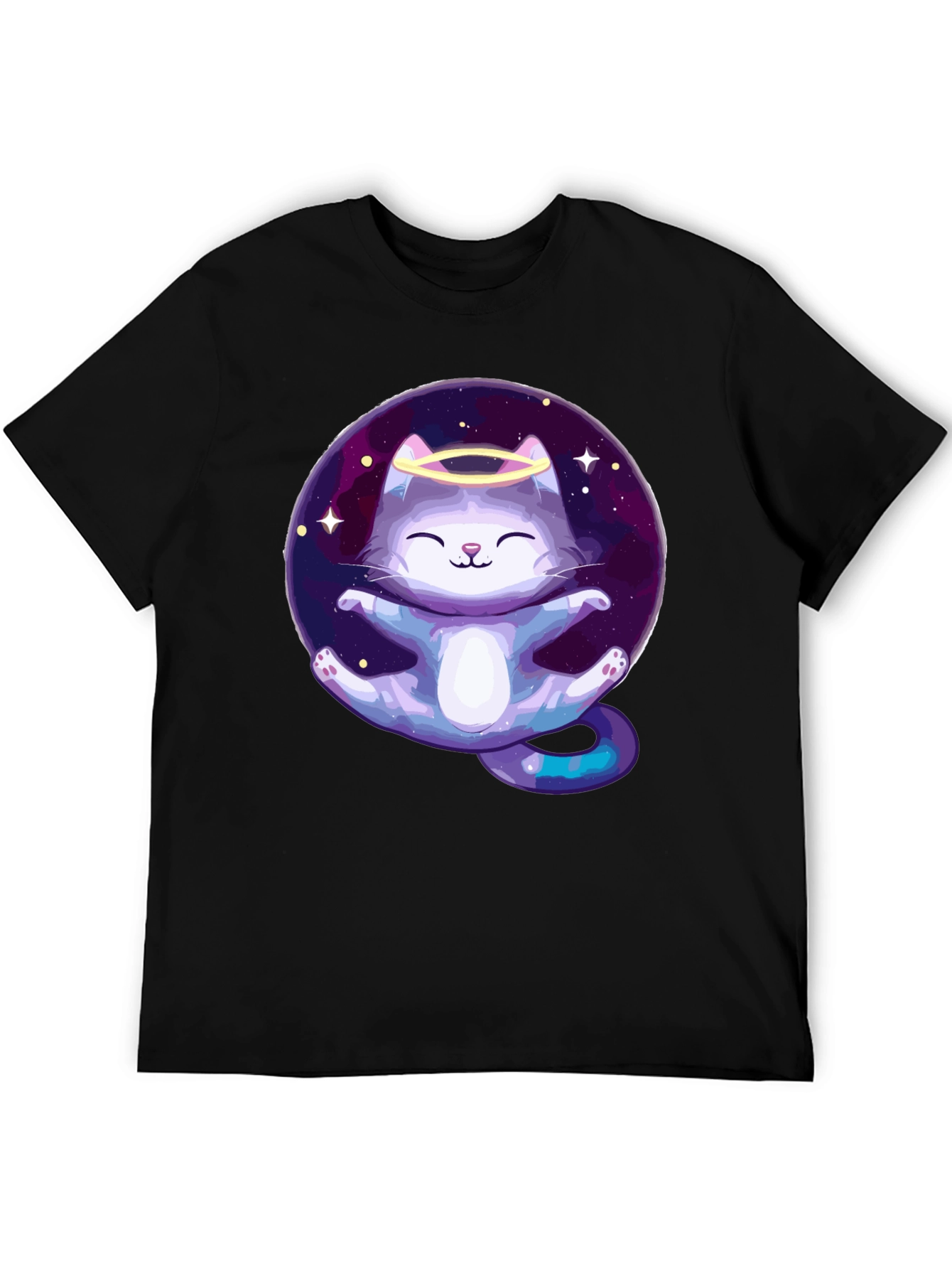 Black Cosmic Cat Angel T-Shirt - Black Cotton Tee view 5