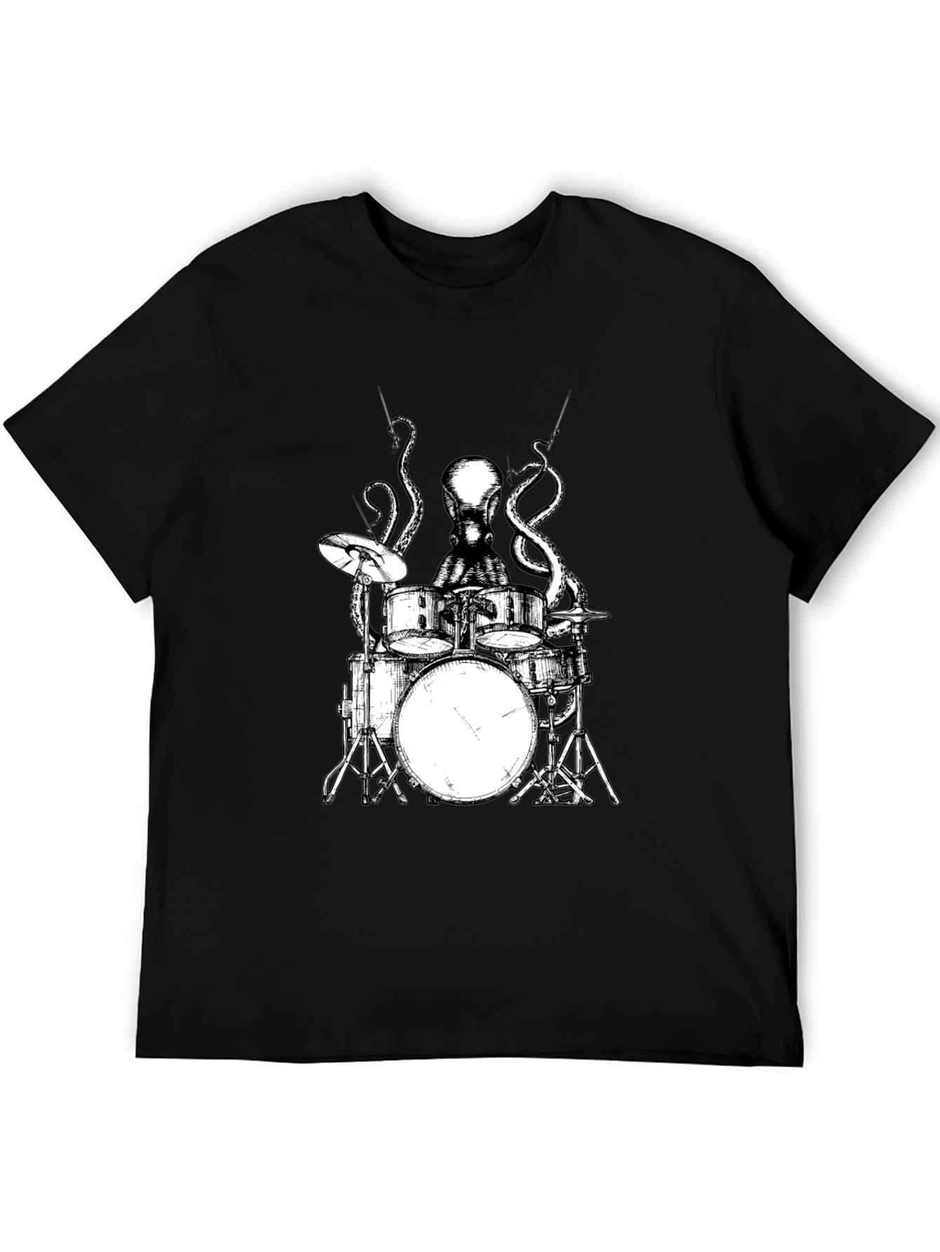 Black Octopus Drummer Graphic Tee - Black Cotton T-Shirt view 5