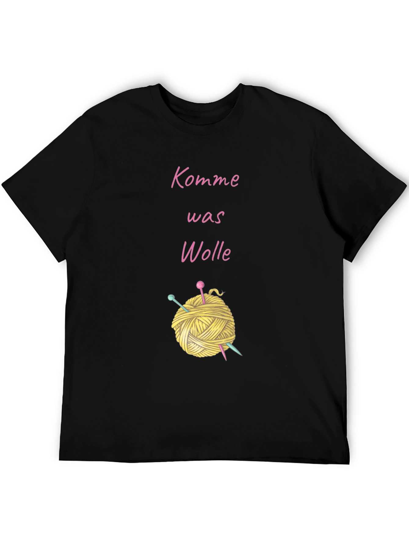 Black Knitting Lover's T-Shirt - "Komme Was Wolle" Yarn Design view 5