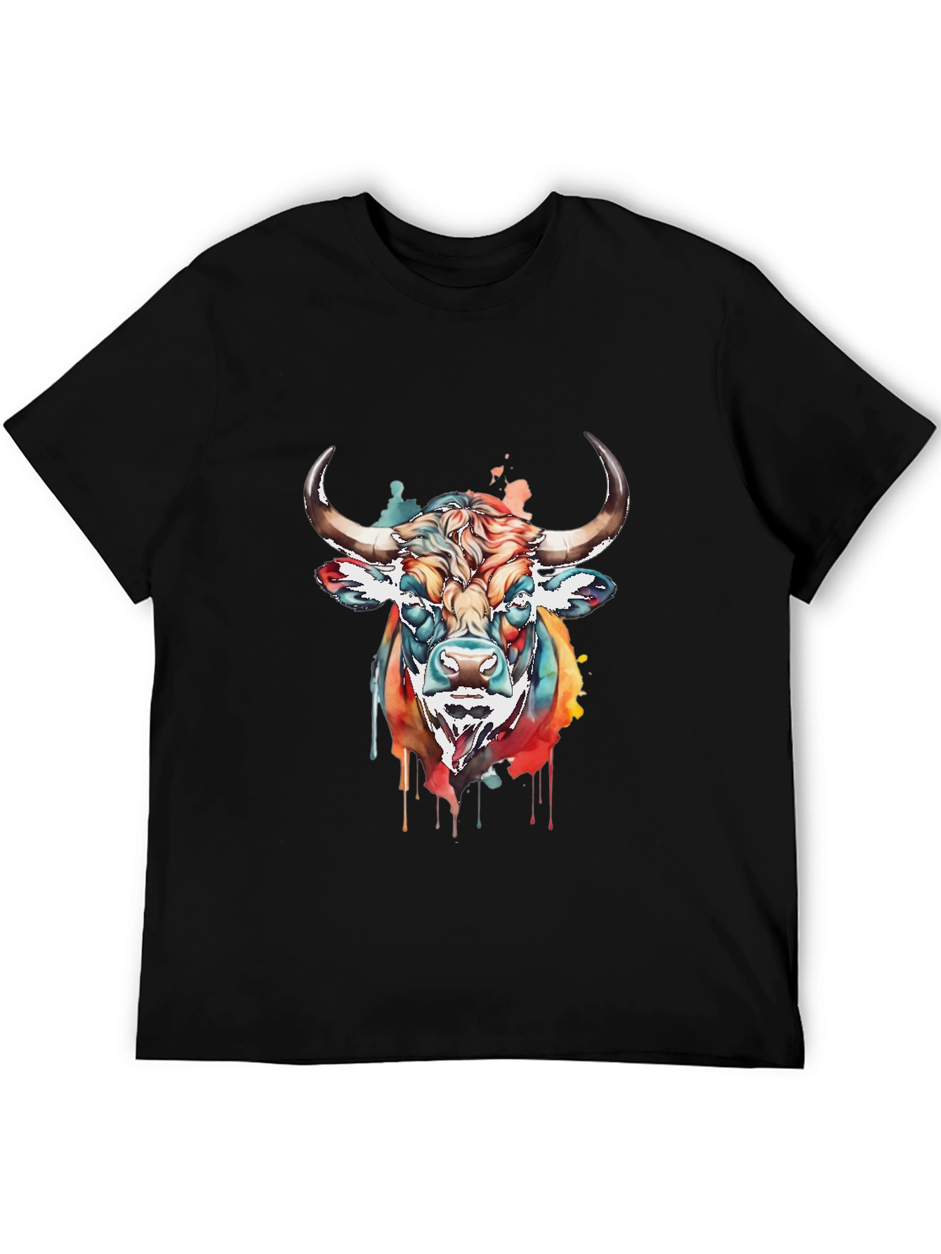Black Colorful Bull Graphic Tee - Men's Black T-Shirt view 5