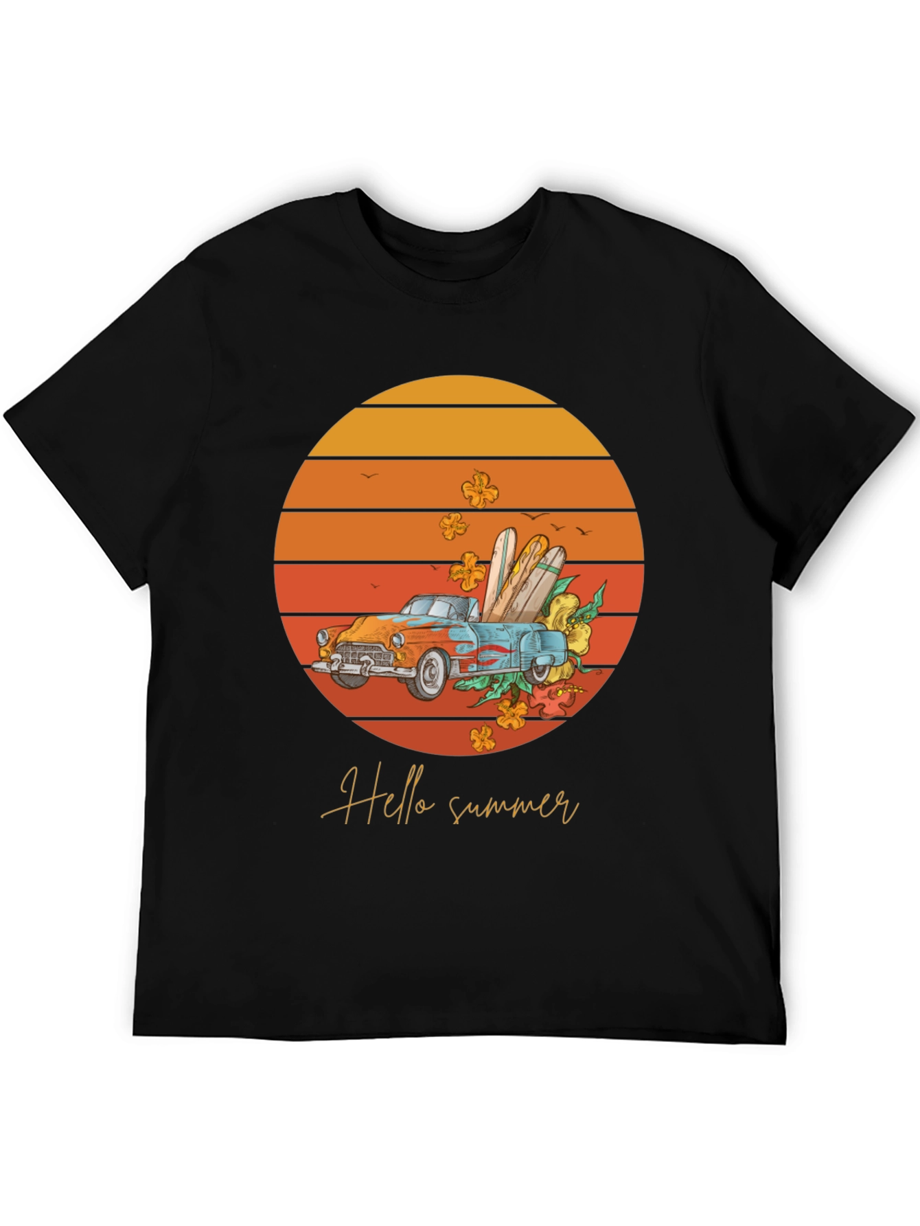 Black Hello Summer T-Shirt - Sunset Car Graphic Tee view 5
