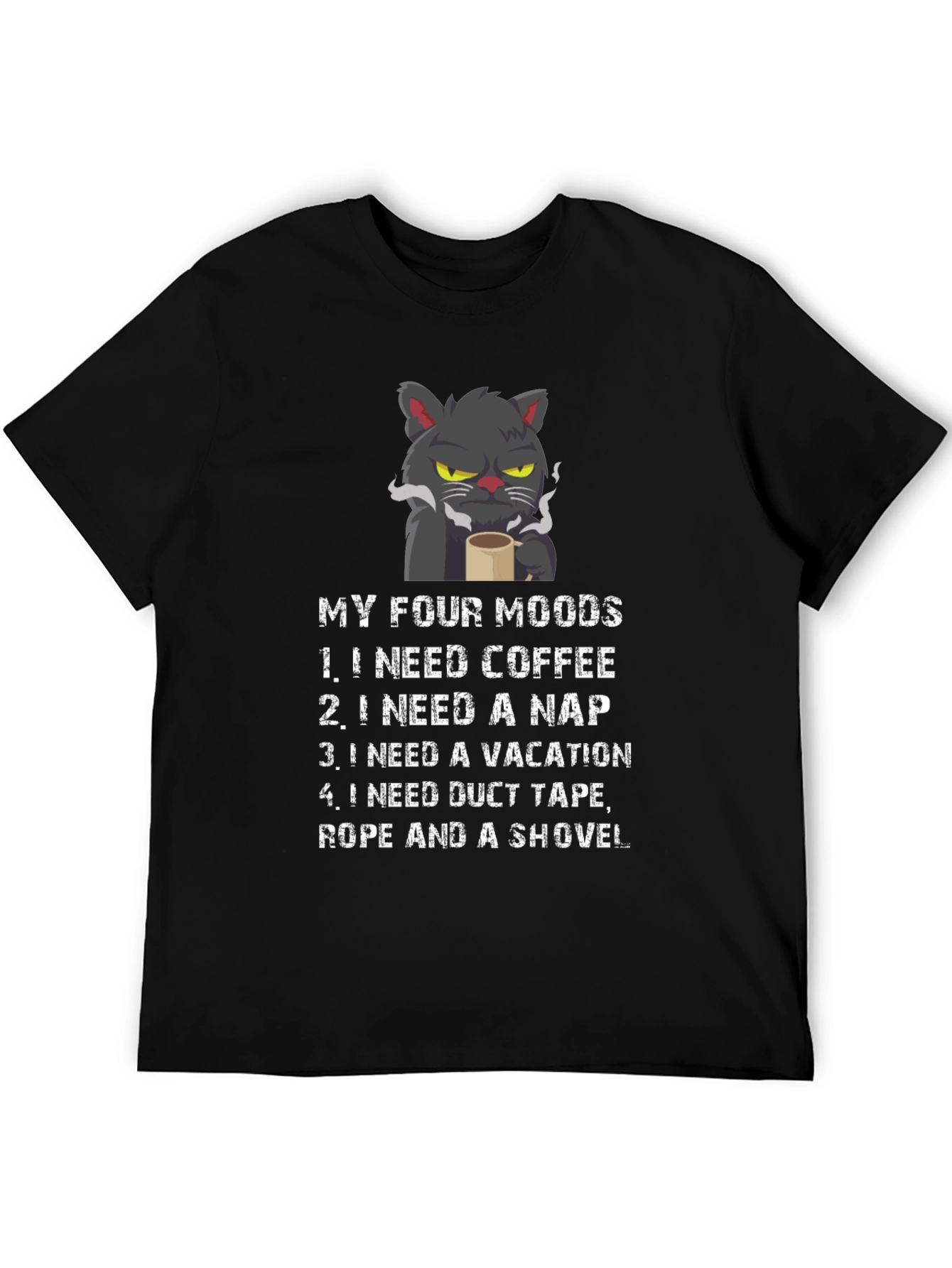 Black My Four Moods T-Shirt - Cat Coffee Nap Vacation view 5