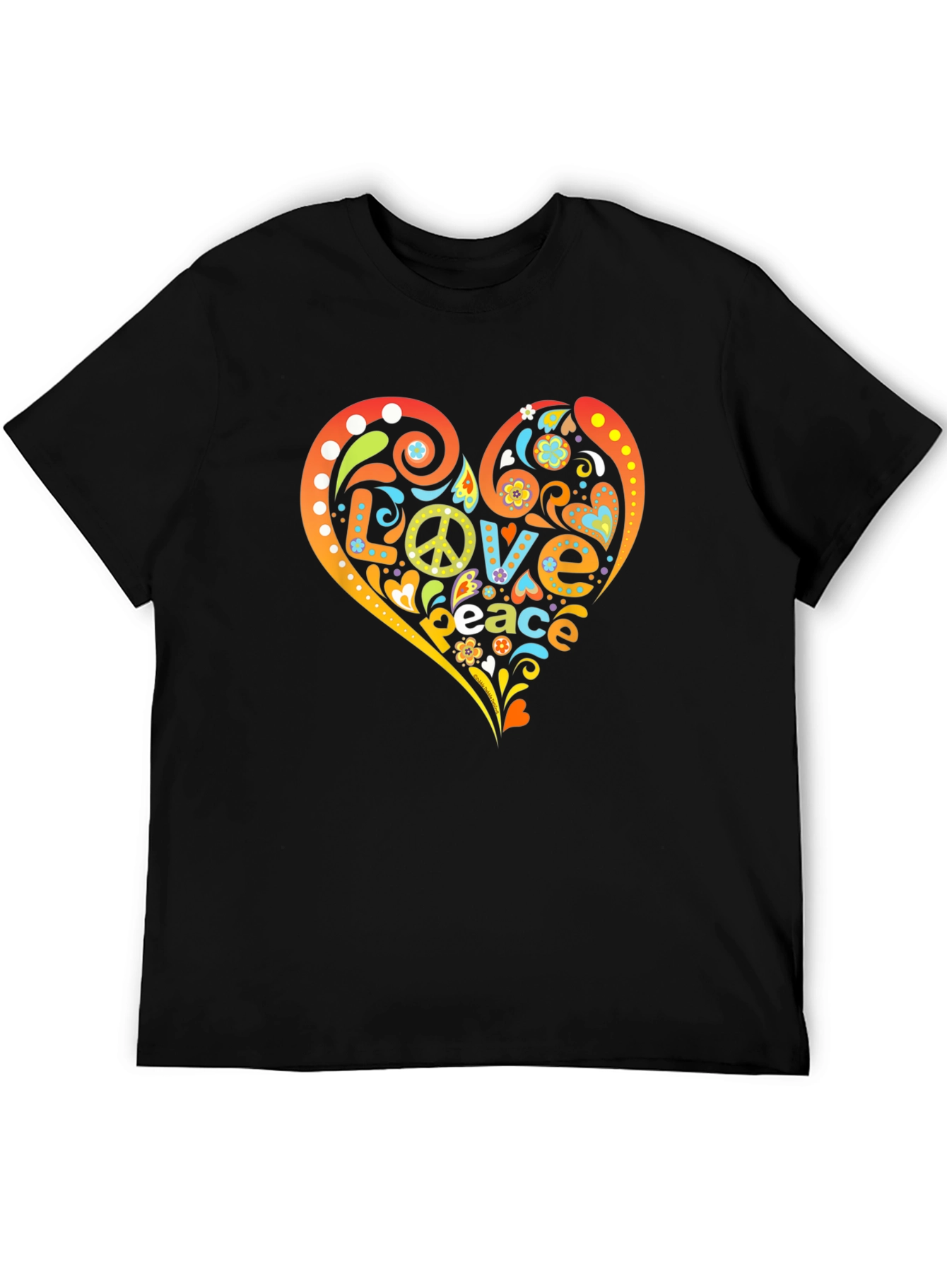 Black Peace & Love Heart Graphic T-Shirt - Retro Hippie Style view 5