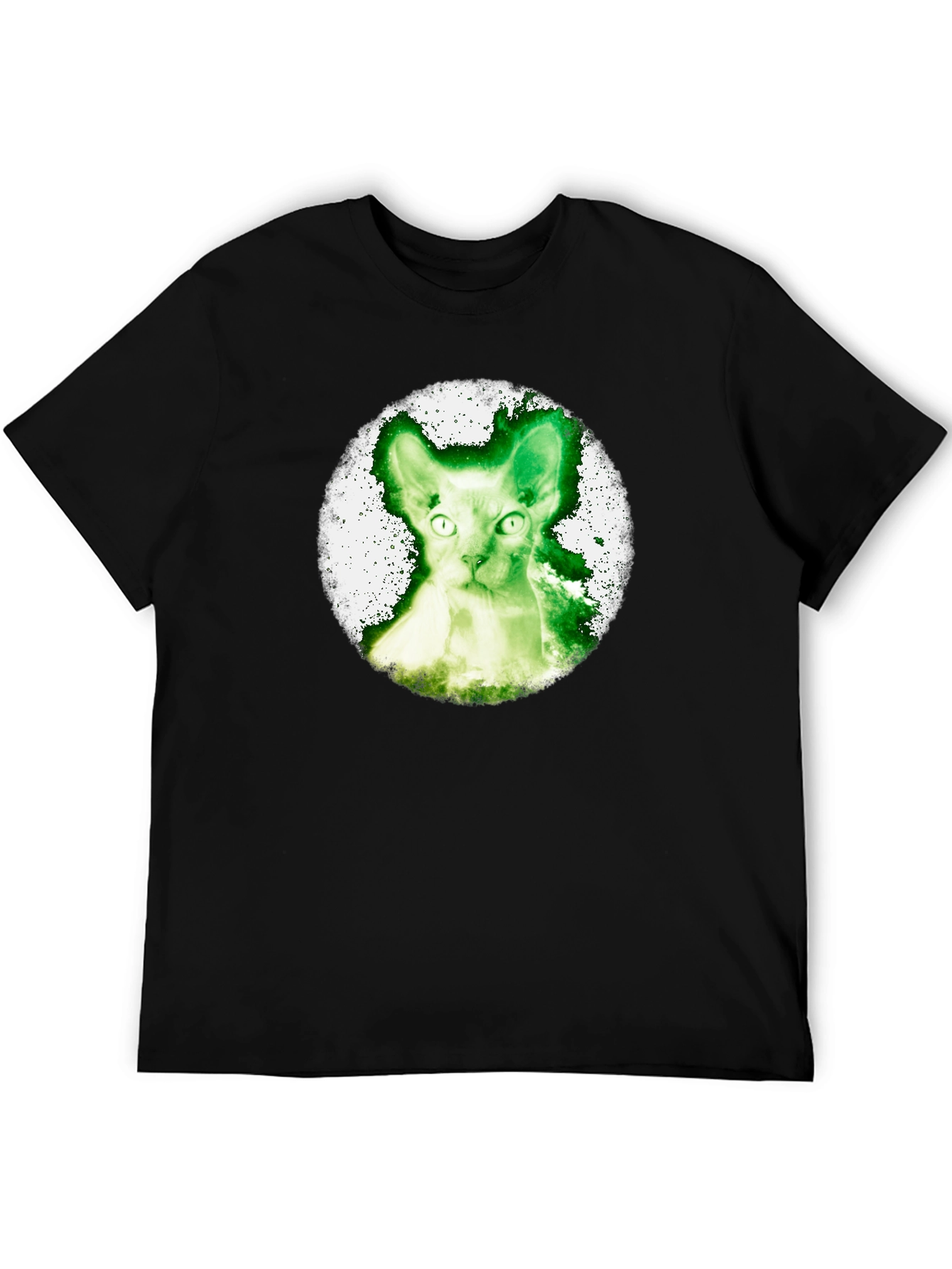 Black Green Cat Graphic Tee - Black Cotton Shirt view 5