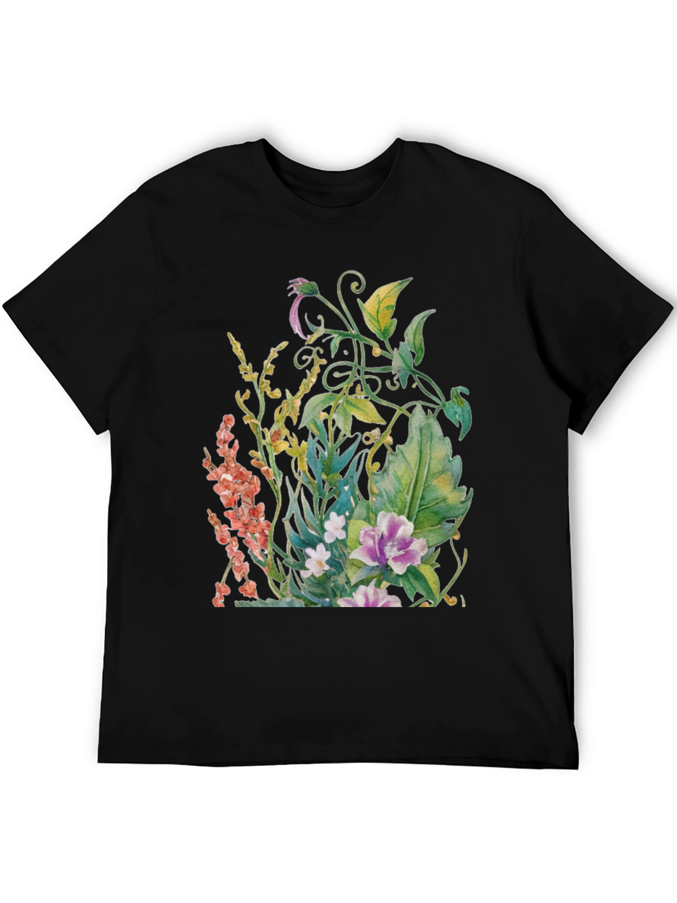 Black Floral Garden Watercolor Black T-Shirt view 5