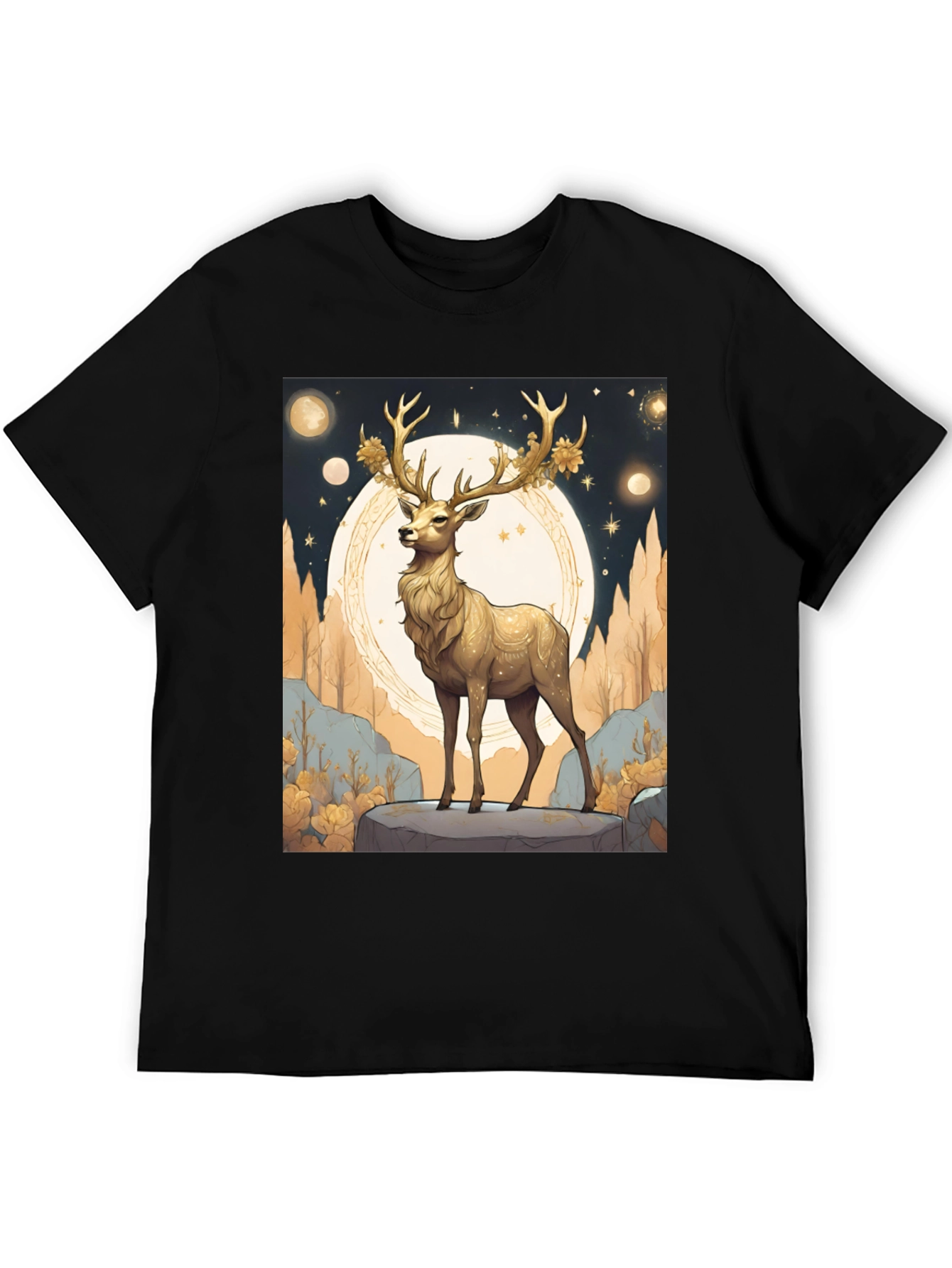 Black Golden Deer Graphic Tee - Celestial Stag Design view 5