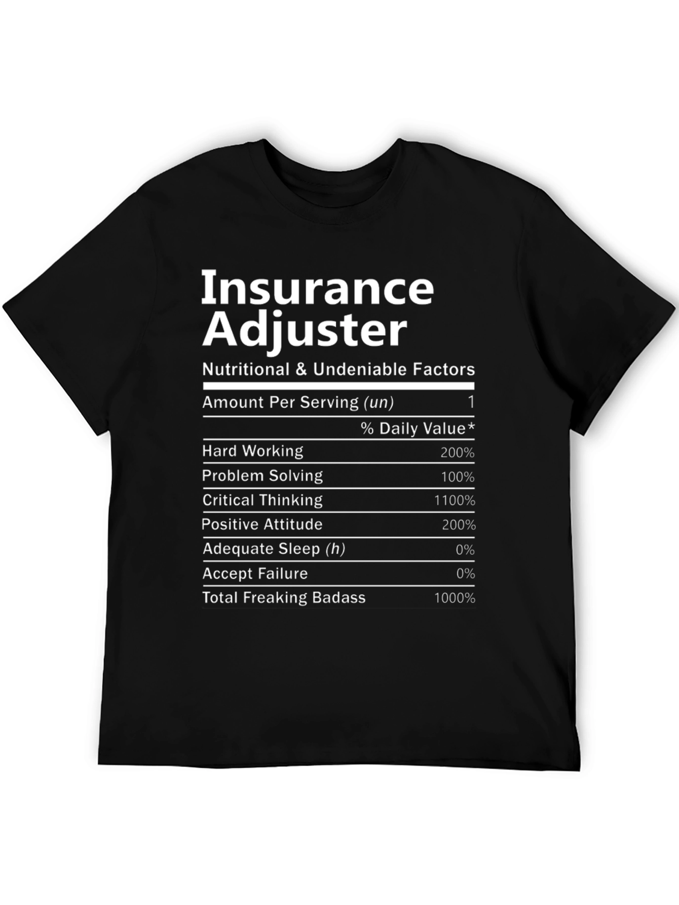 Black Insurance Adjuster Nutrition Facts T-Shirt view 5
