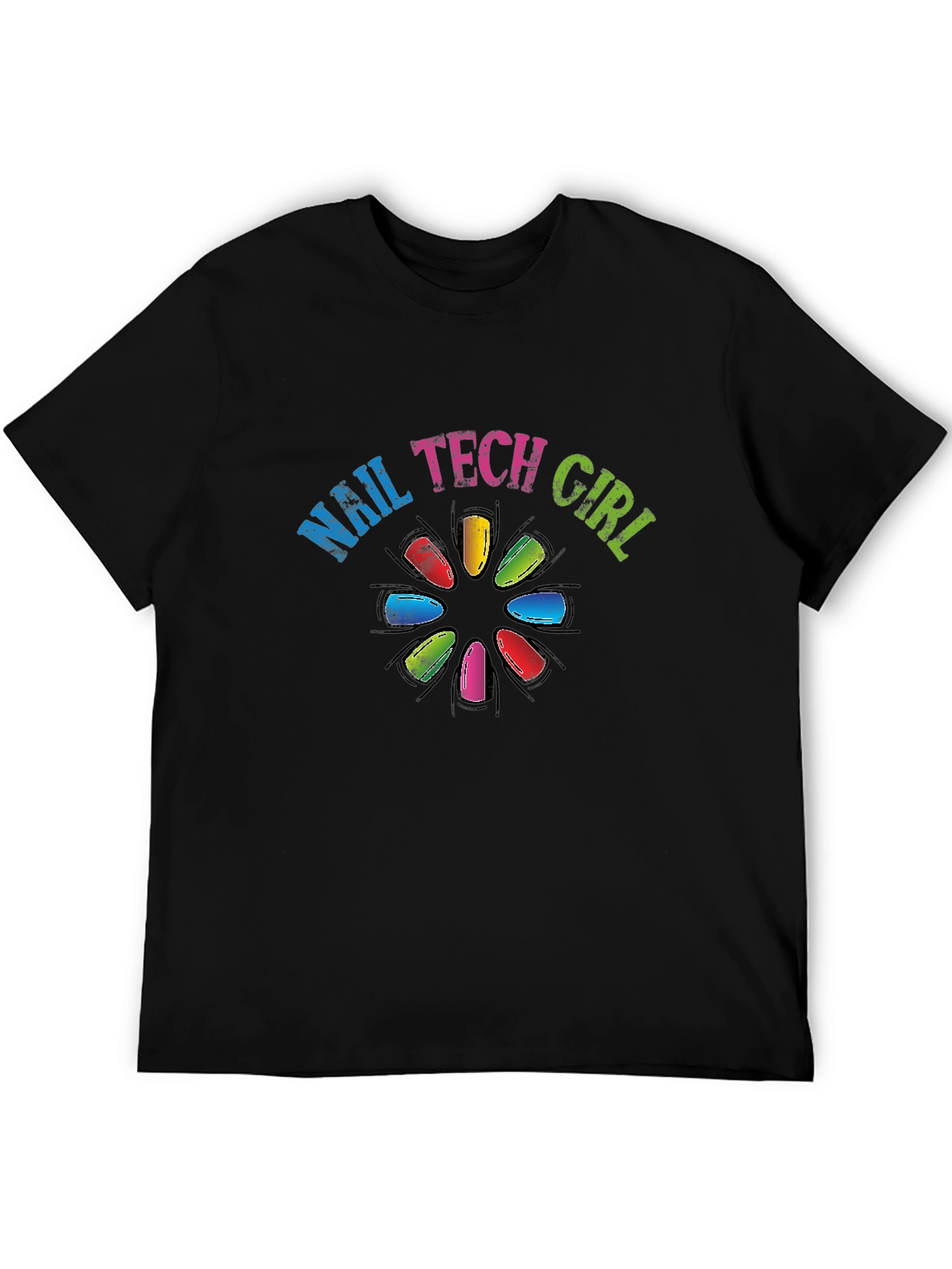 Black Nail Tech Girl T-Shirt Colorful Nail Art Tee view 5