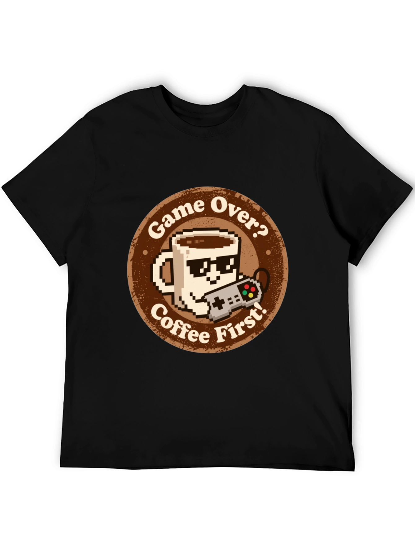 Black Game Over? Coffee First! Graphic Tee view 5