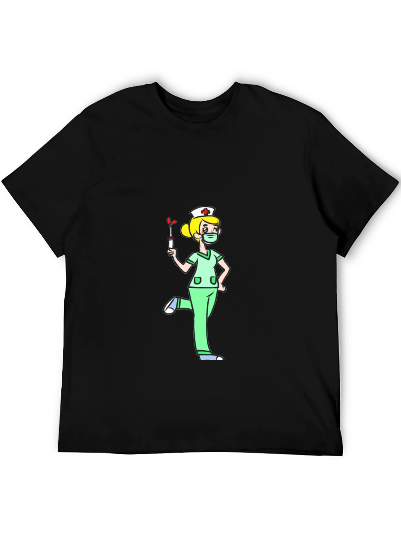 Black Nurse Cartoon Graphic T-Shirt - Black Cotton Tee view 5