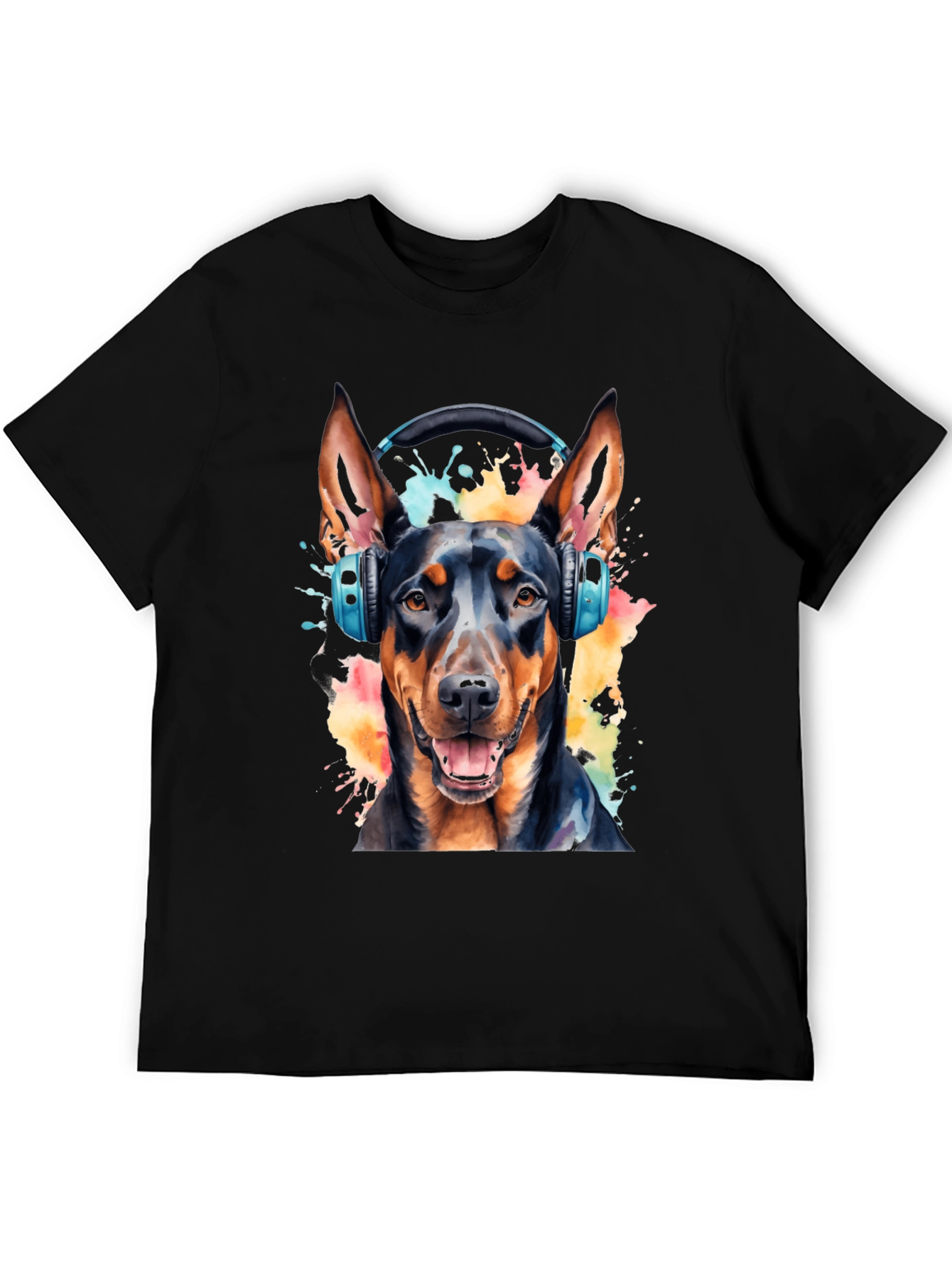 Black Dog with Headphones Black T-Shirt view 5