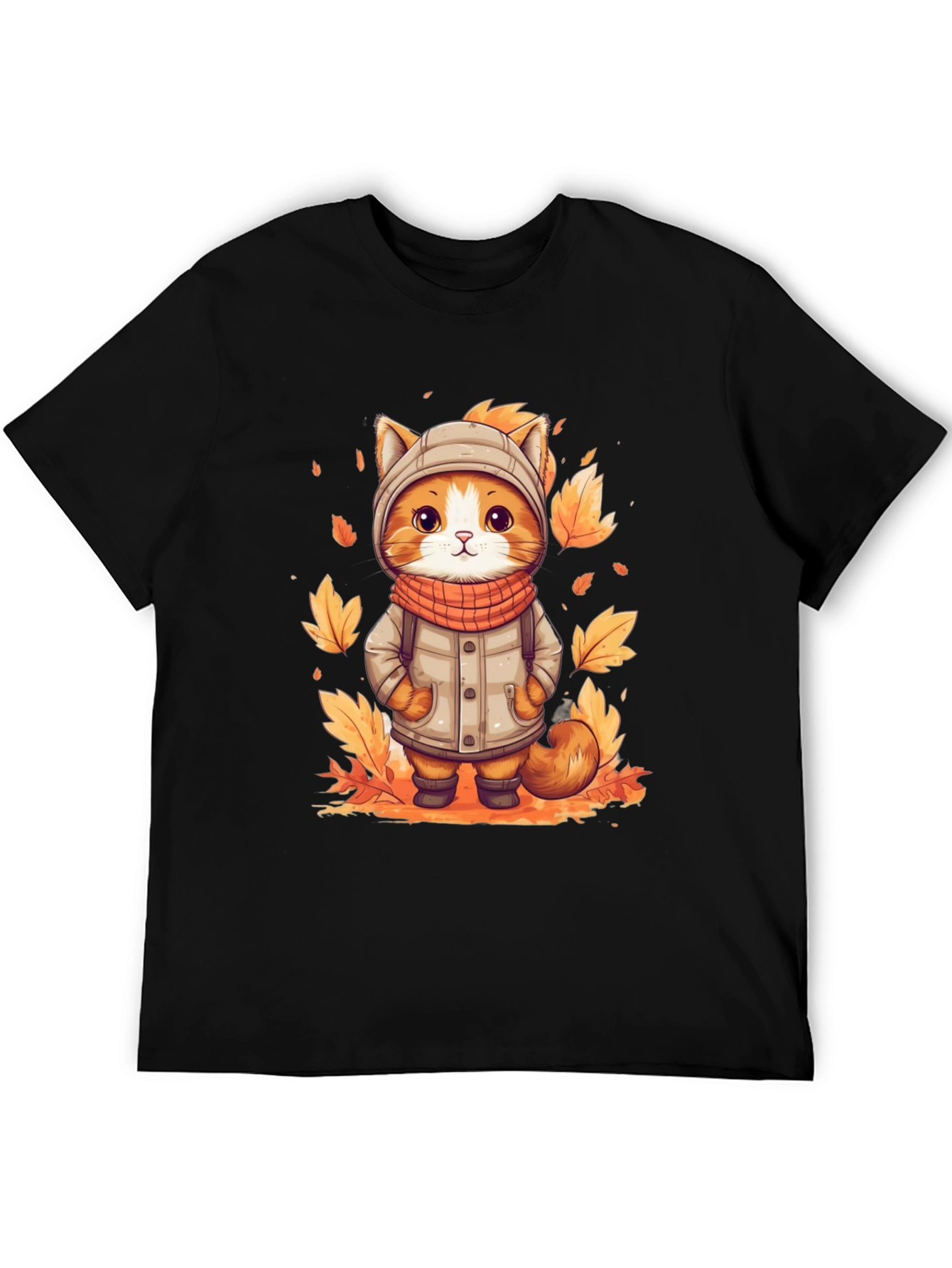 Black Fall Cat T-Shirt - Cute Autumn Kitten Design view 5