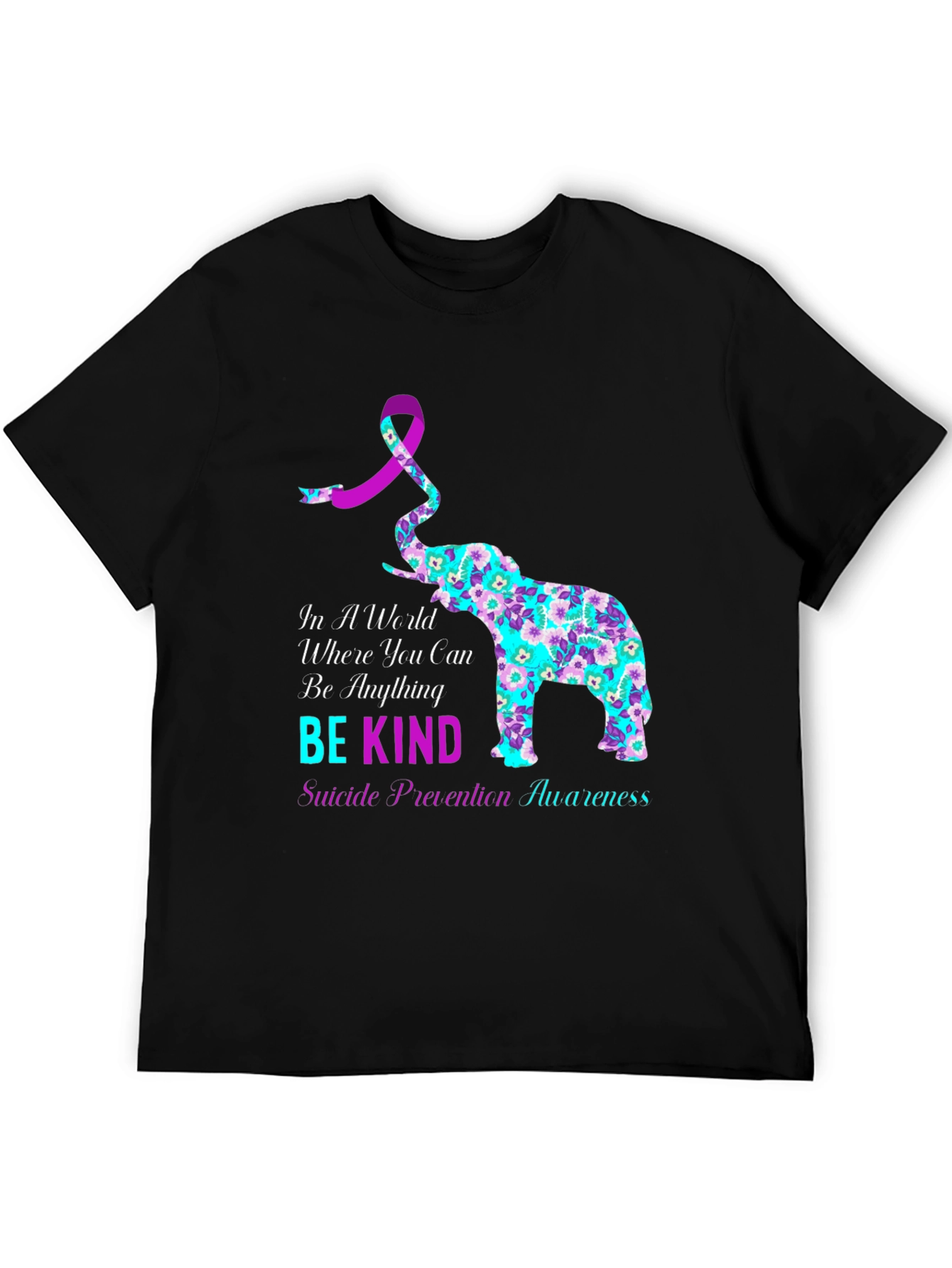 Black Be Kind Suicide Awareness Elephant Graphic Tee view 5