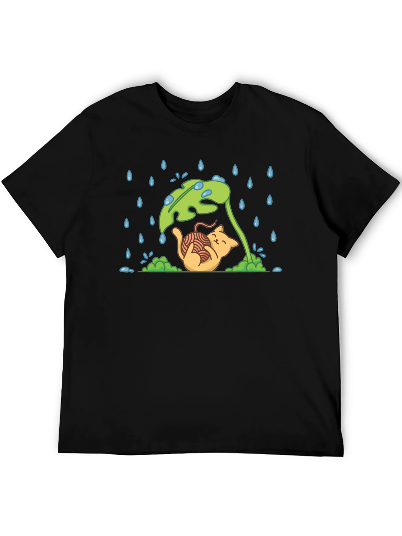 Black Cute Cat Under Leaf in Rain T-Shirt view 5