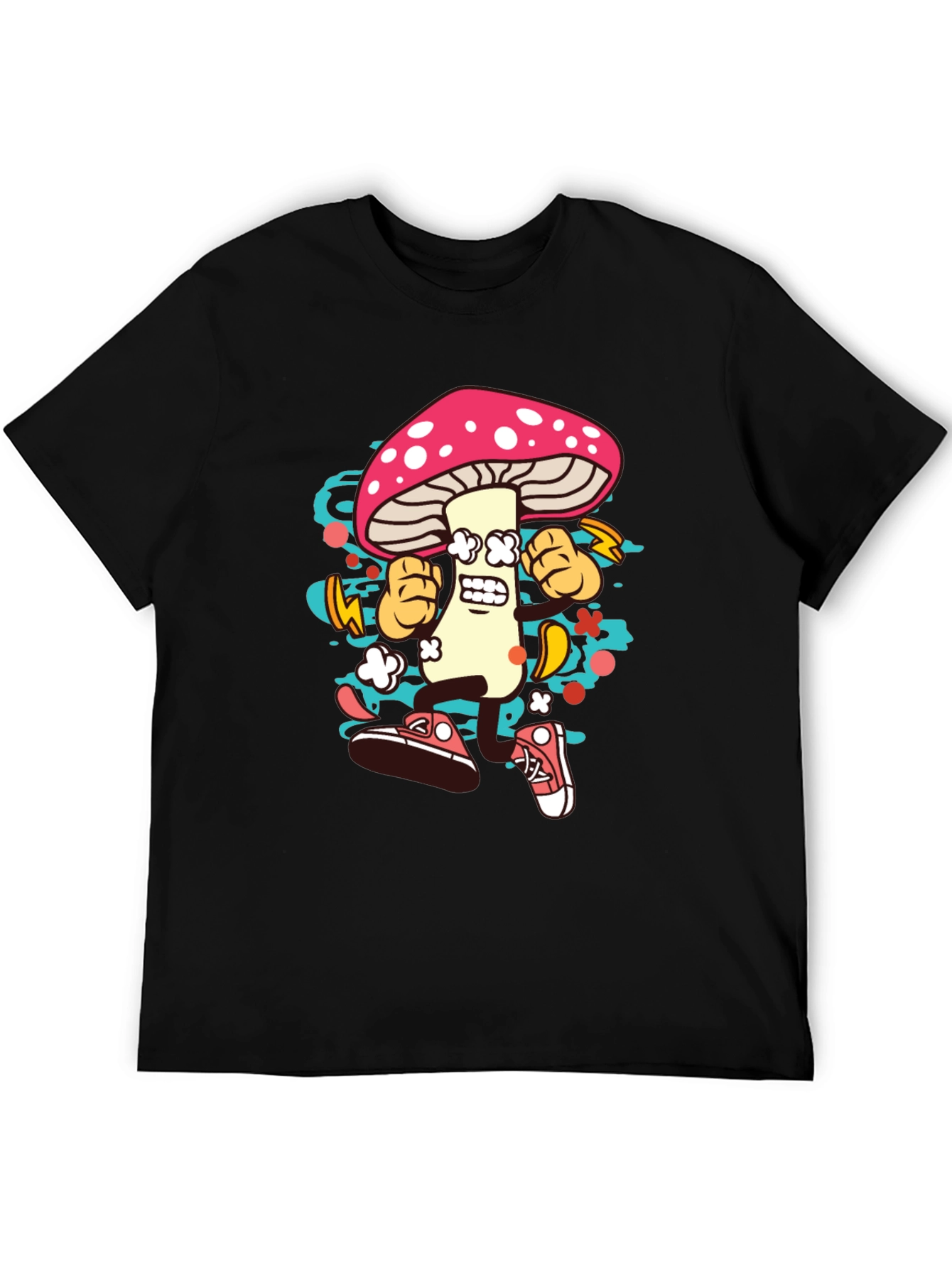 Black Funky Mushroom Graphic T-Shirt - Black Cotton Tee view 5