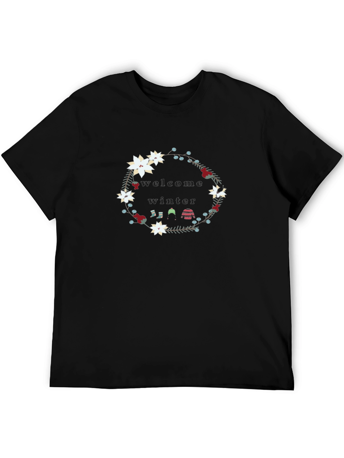 Black Welcome Winter Floral Wreath Black T-Shirt view 5