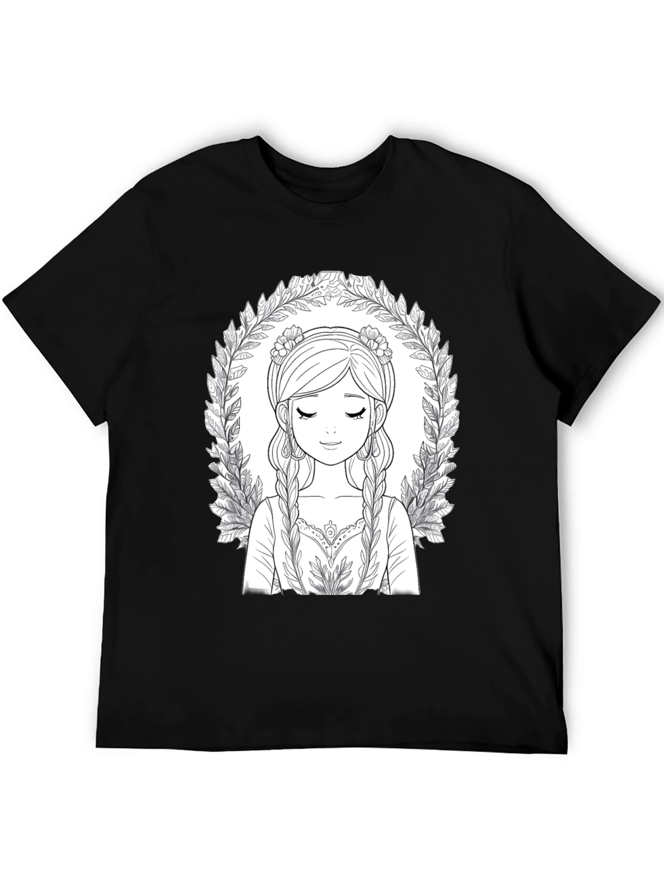 Black Black T-Shirt with Intricate Girl Portrait Design view 5