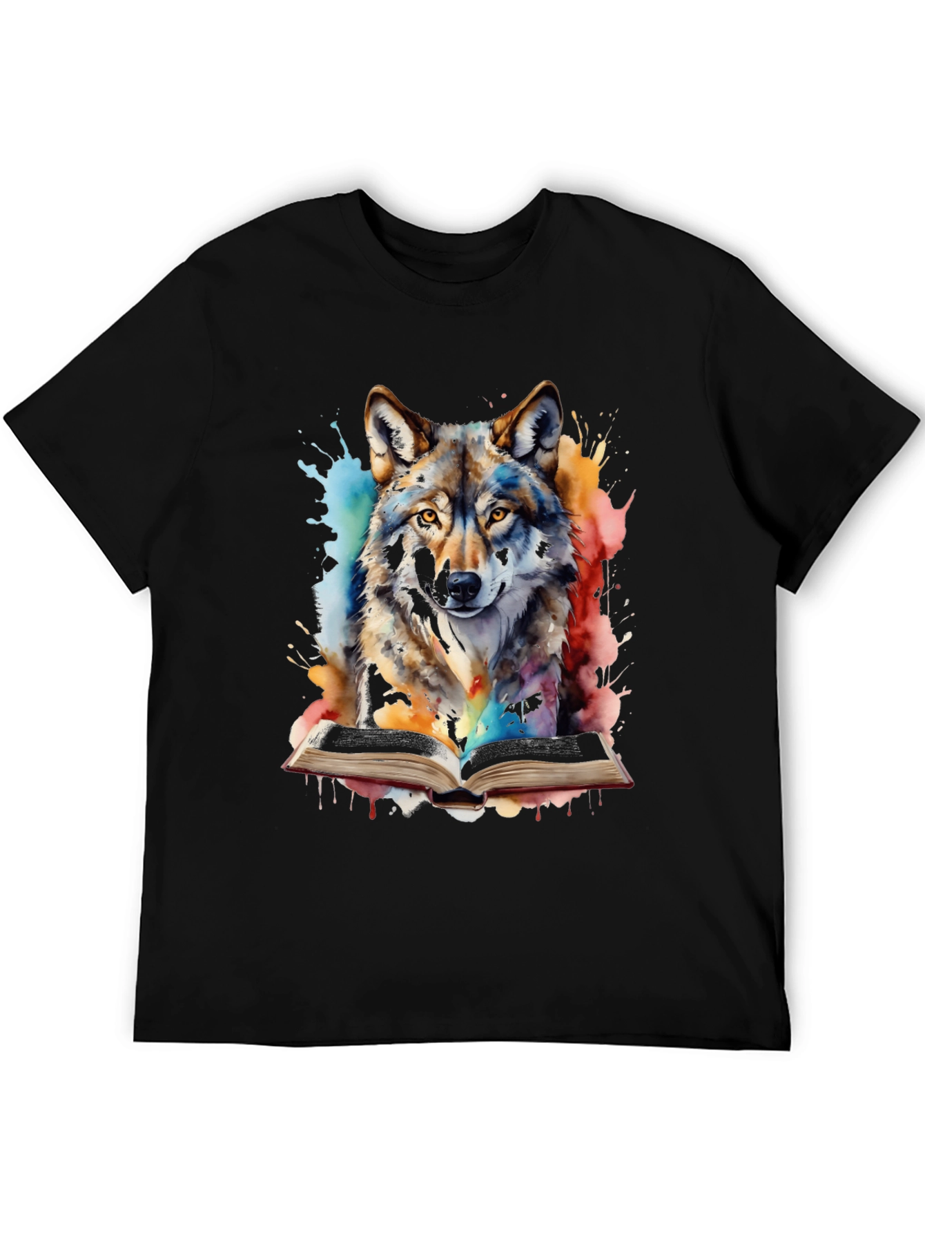Black Watercolor Wolf Reading T-Shirt - Unique Graphic Tee view 5