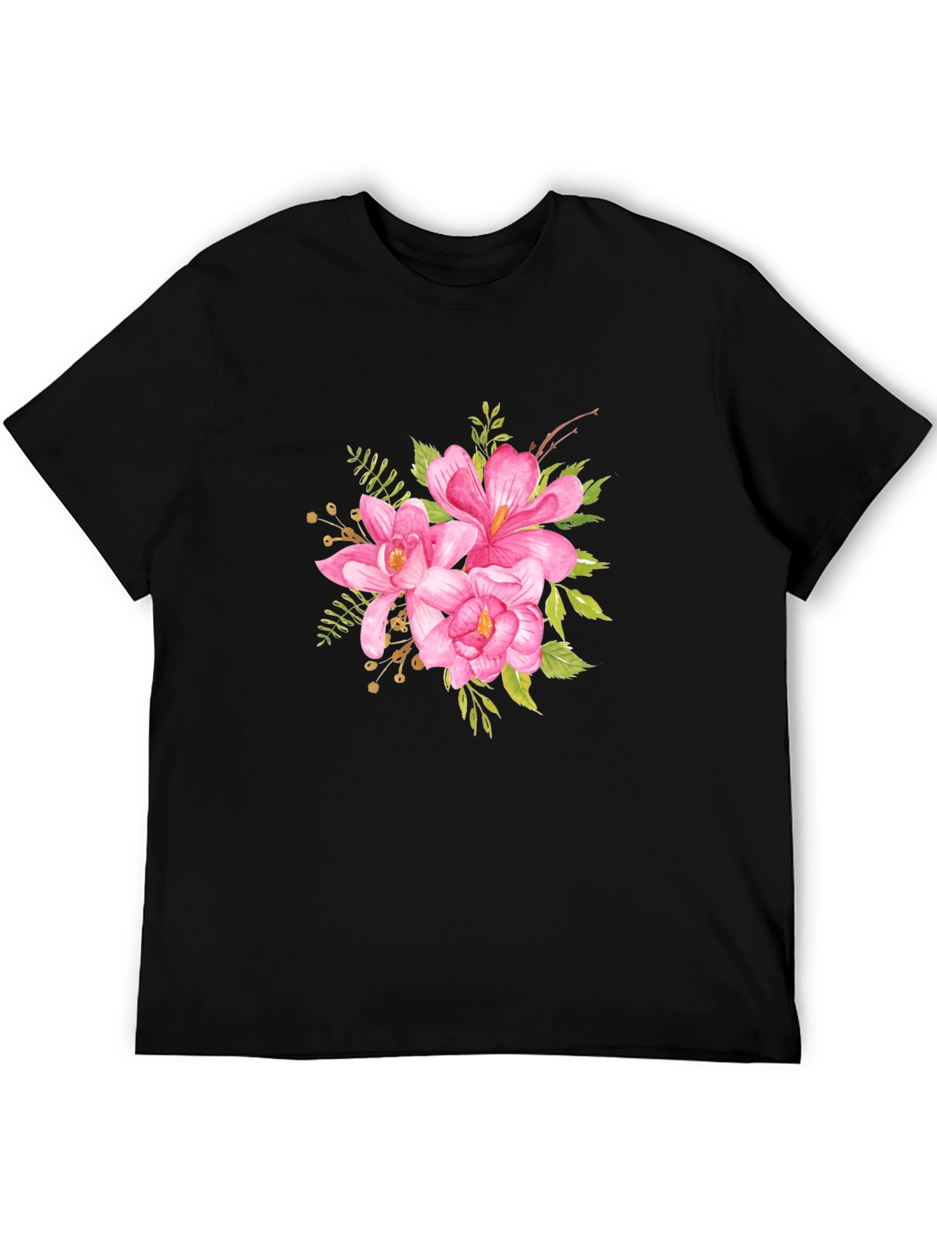Black Floral T-Shirt - Pink Watercolor Flower Graphic Tee view 5