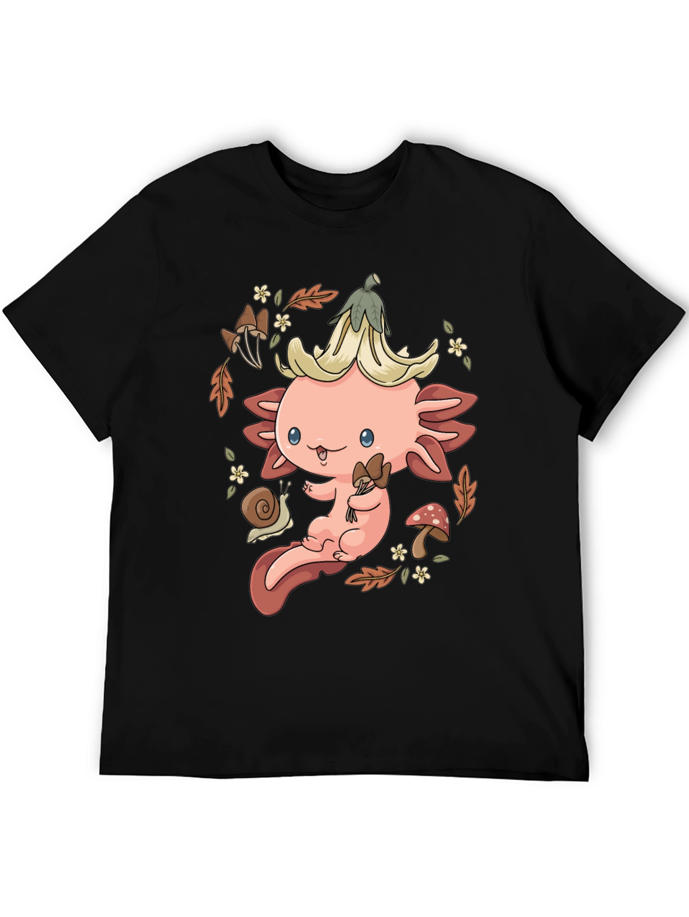 Black Cute Axolotl Mushroom T-Shirt - Whimsical Nature Design view 5