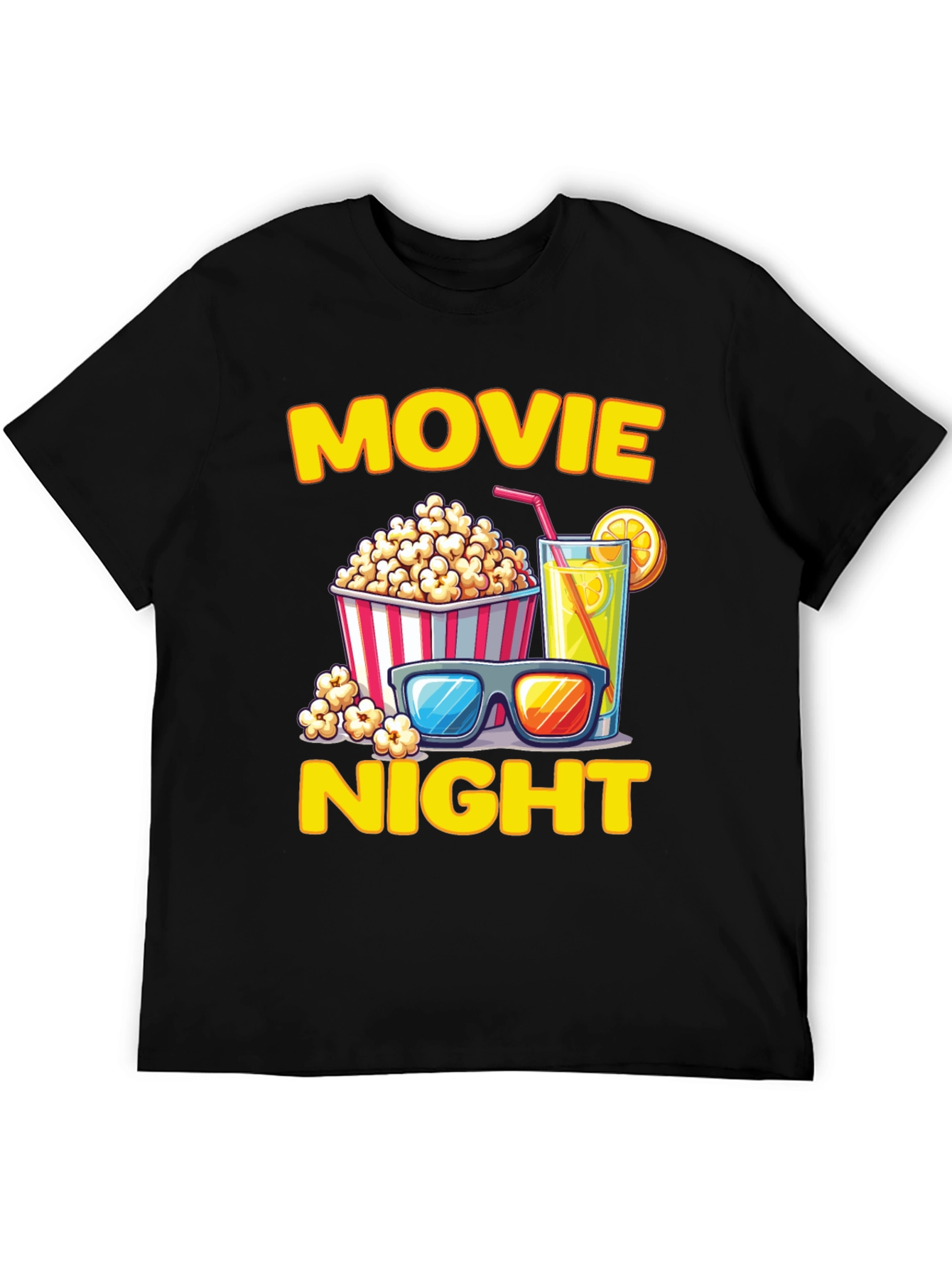Black Movie Night T-Shirt - Popcorn, Drink, and Glasses view 5
