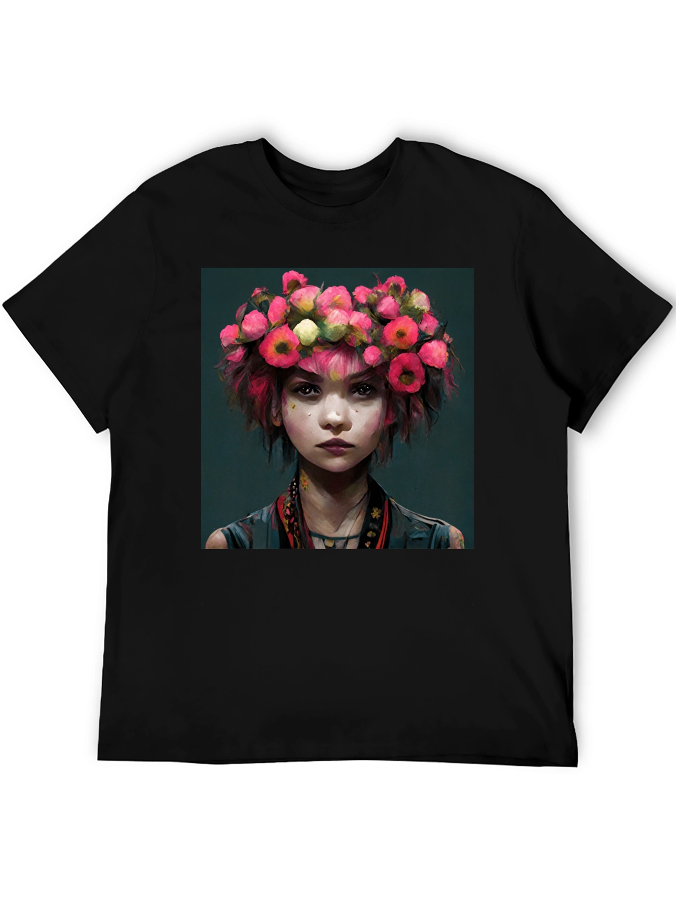 Black Floral Crown Girl Portrait T-Shirt view 5