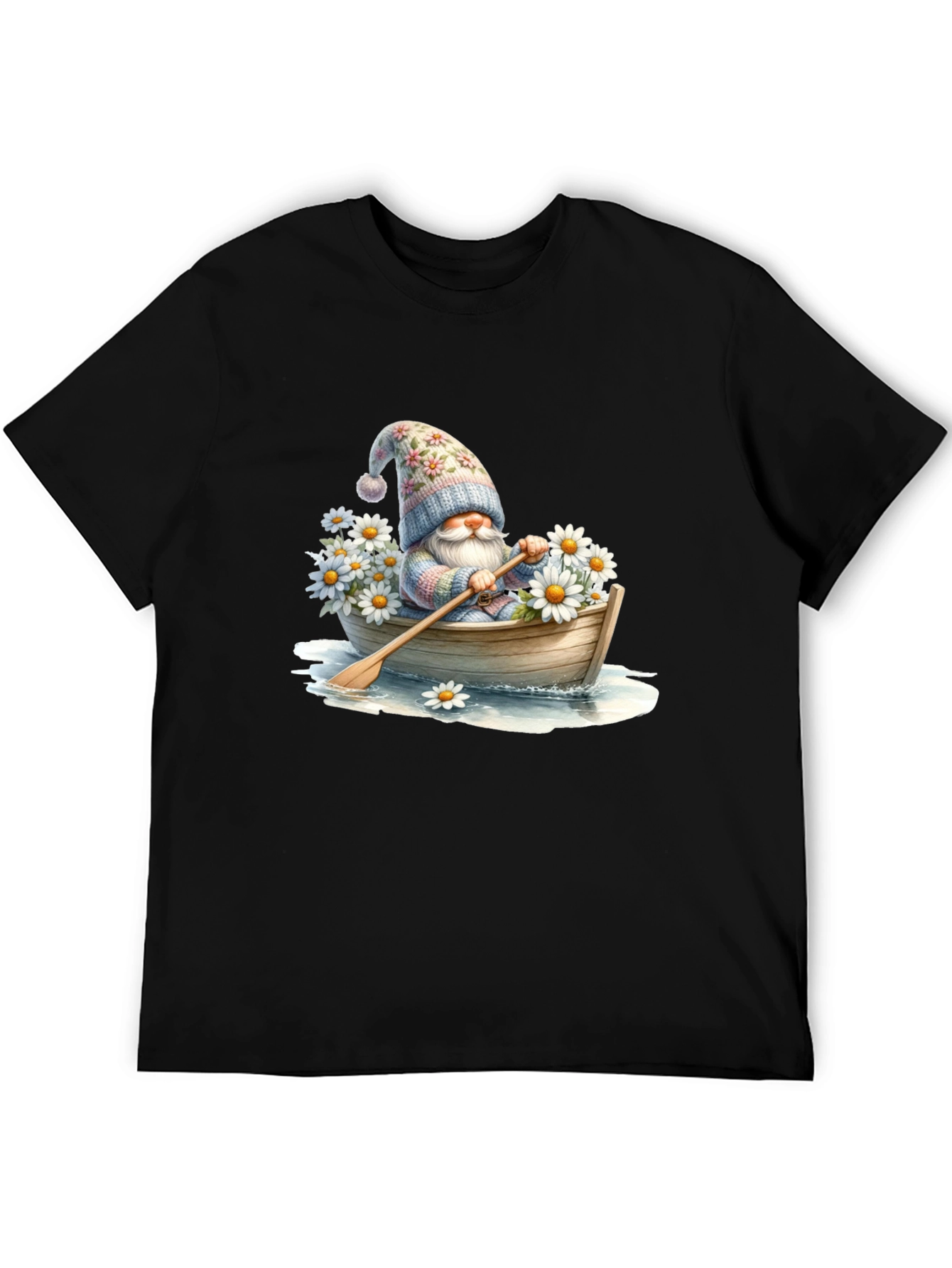 Black Gnome in Boat T-Shirt - Whimsical Floral Hat view 5