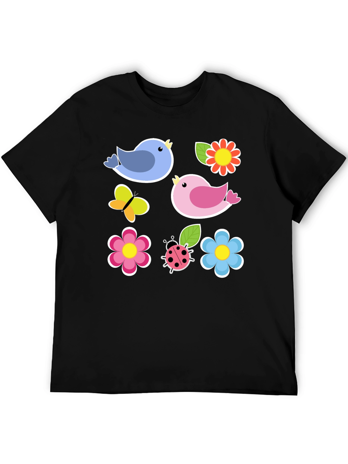 Black Cute Spring Bird & Floral Graphic Black T-Shirt view 5