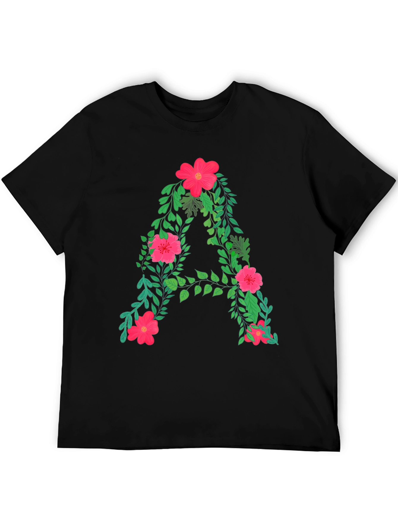 Black Floral Letter A Black T-Shirt view 5