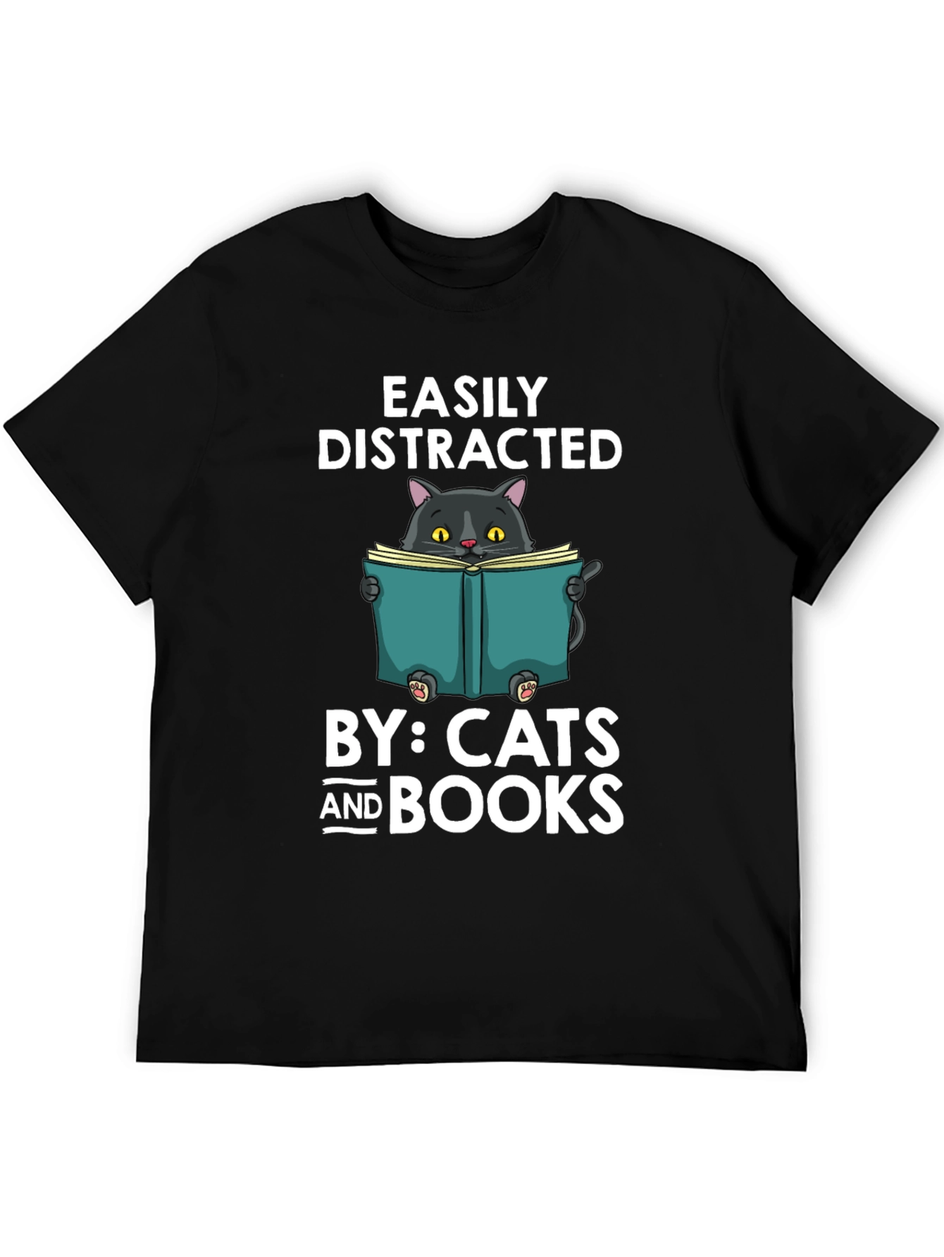 Black Easily Distracted By Cats and Books T-Shirt view 5