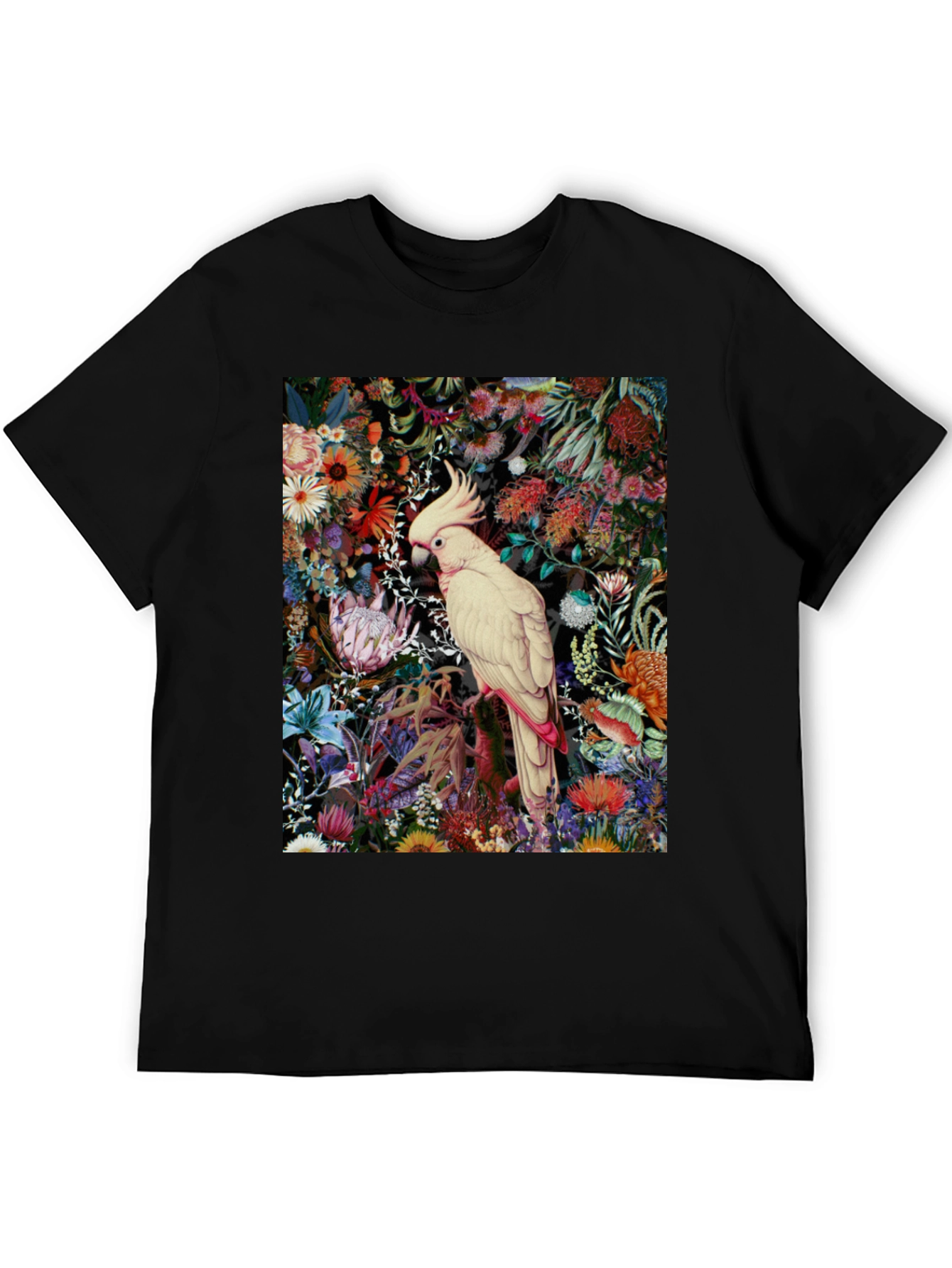 Black Floral Cockatoo Print Tee - Unique Graphic T-Shirt view 5