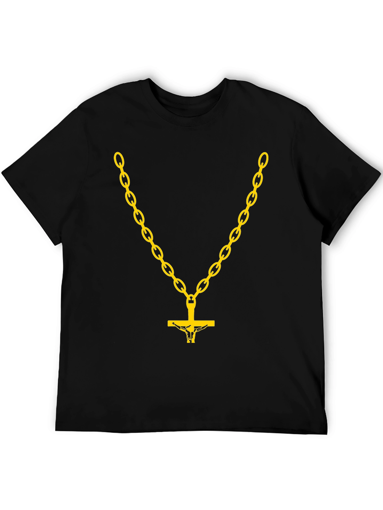 Black Men's Black T-Shirt with Gold Chain and Cross Design view 5