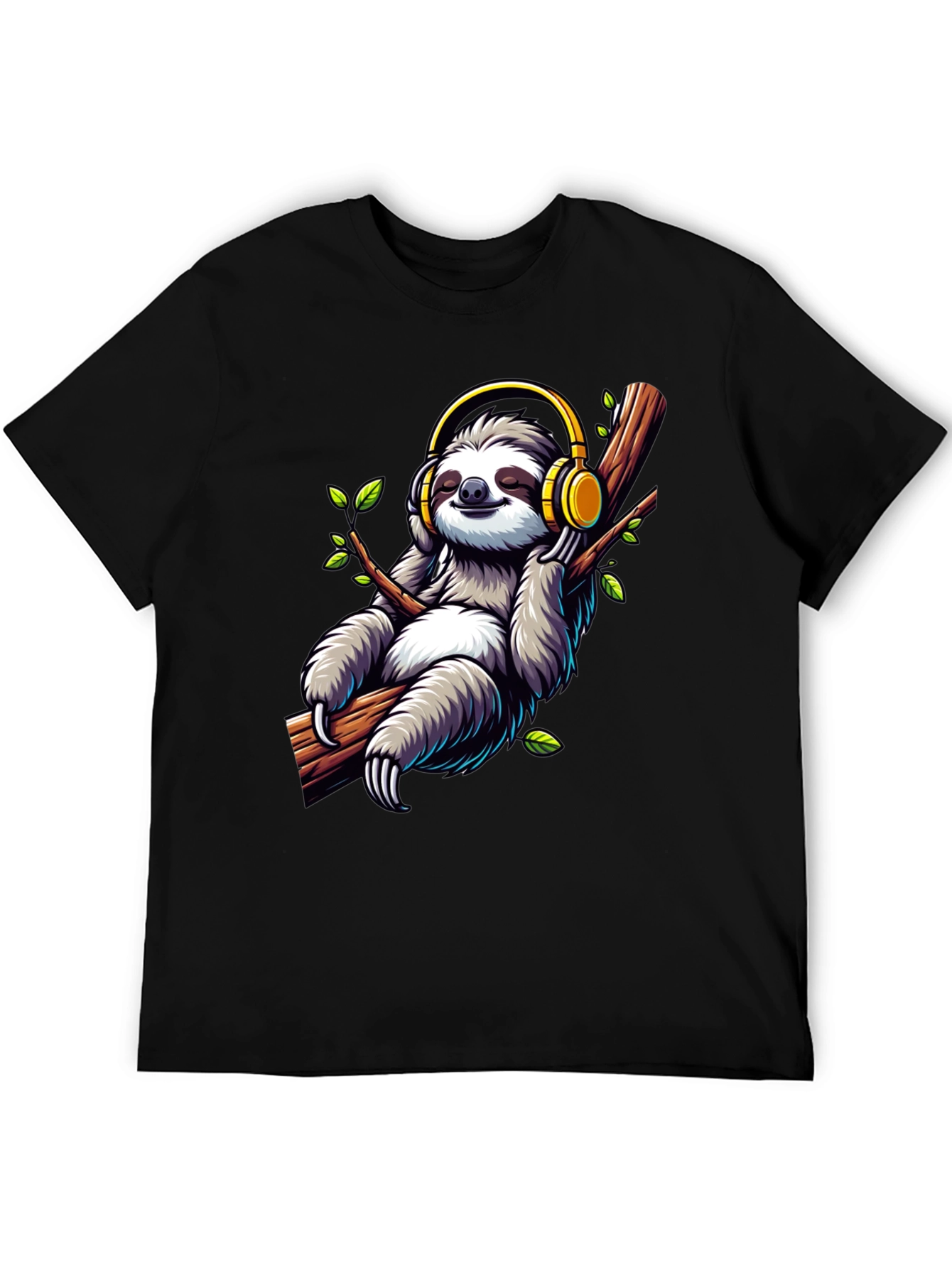 Black Sloth with Headphones Graphic T-Shirt view 5