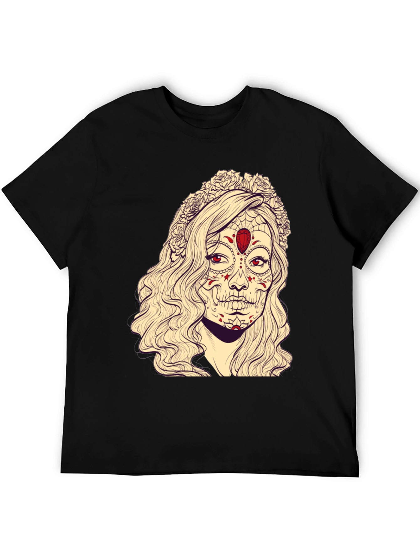 Black Sugar Skull Woman Graphic Tee - Black Cotton T-Shirt view 5