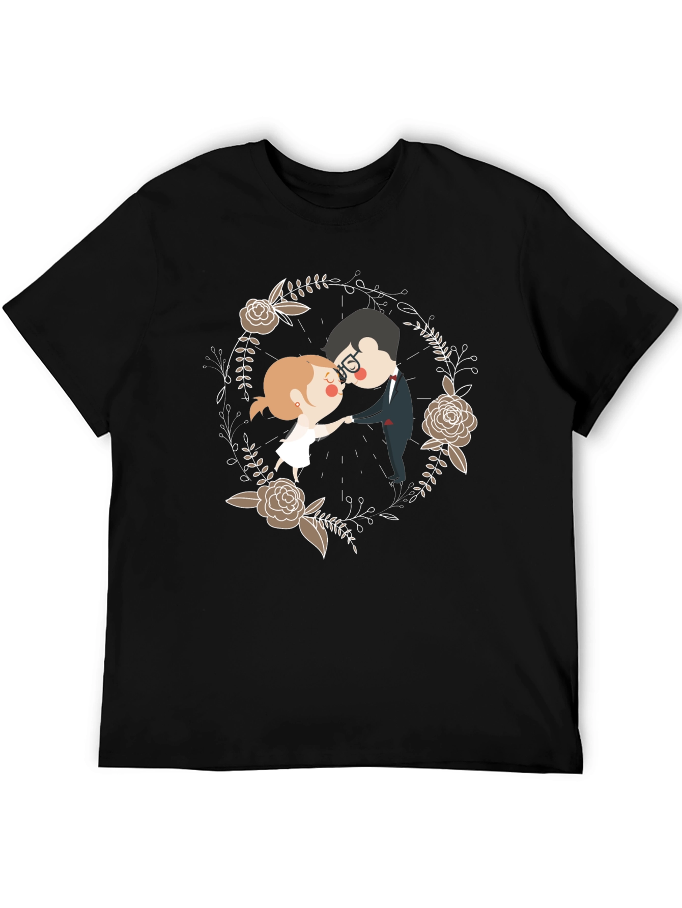 Black Romantic Couple Floral Wreath T-Shirt view 5