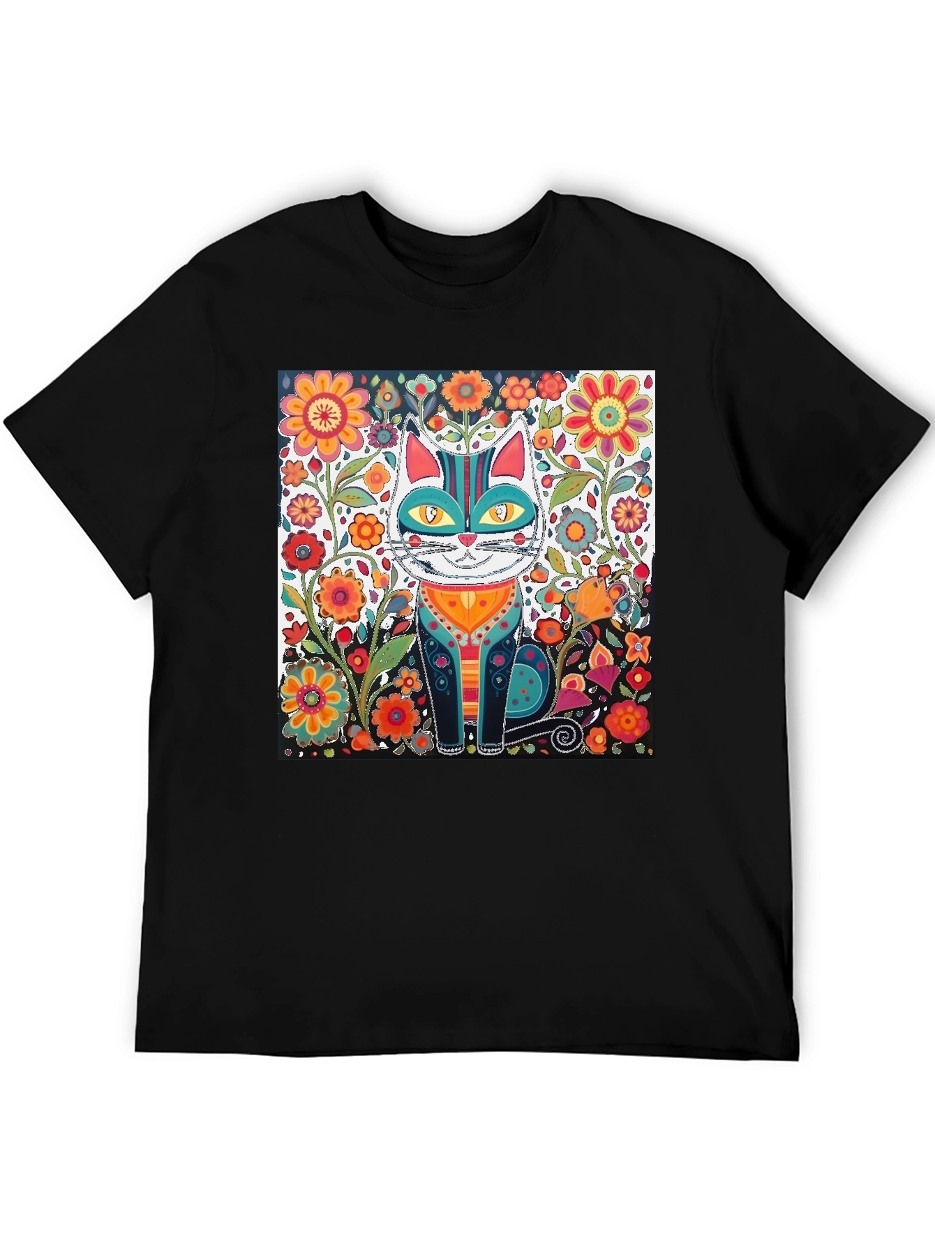 Black Floral Cat Graphic Tee - Unique Design view 5