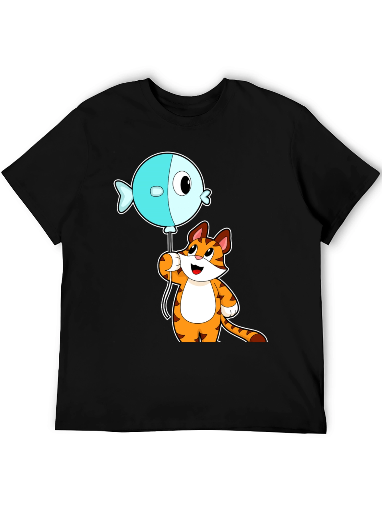 Black Cartoon Cat & Fish Balloon Graphic Tee view 5