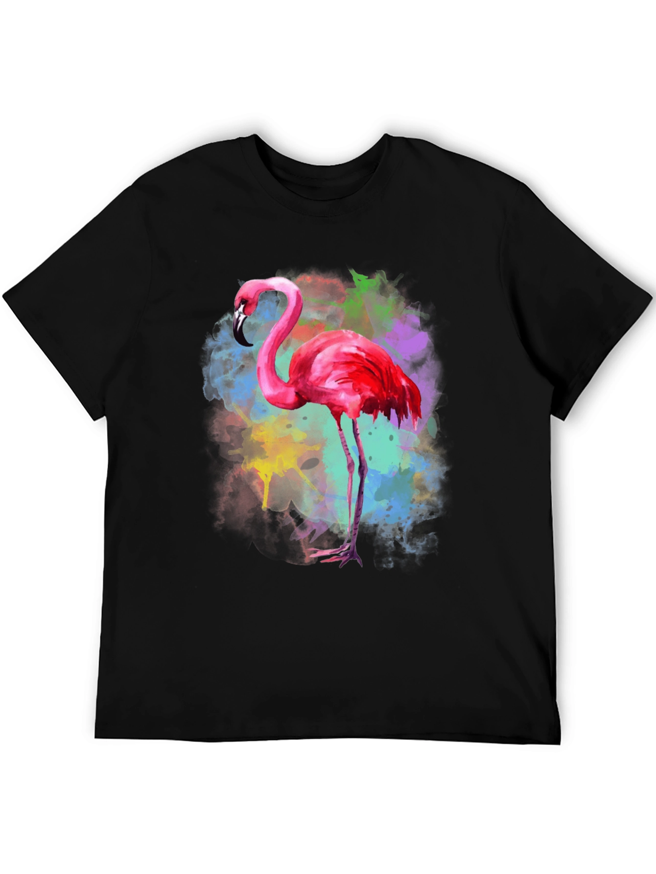 Black Flamingo Watercolor Graphic Tee - Black Cotton T-Shirt view 5