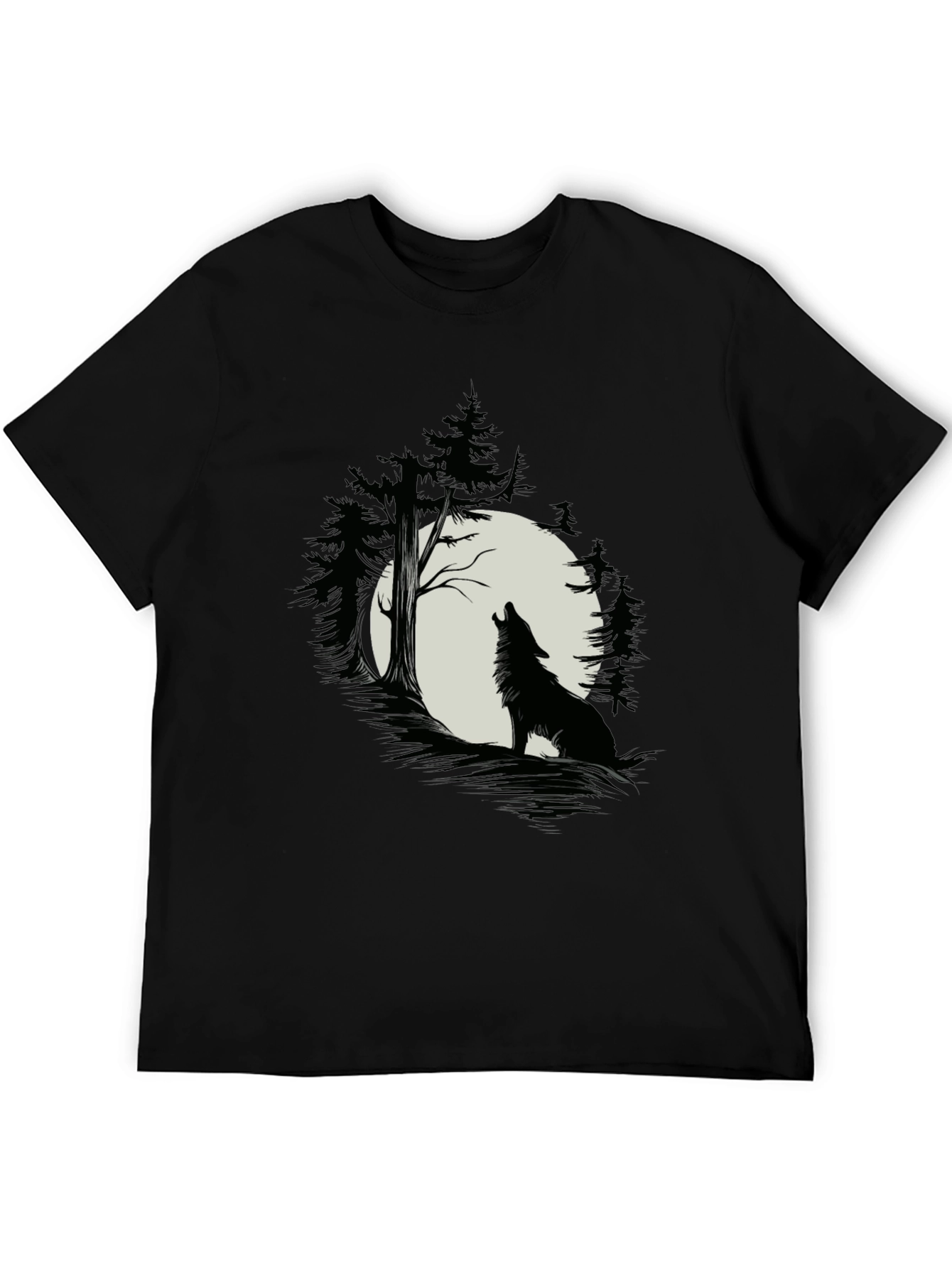 Black Wolf Howling at Moon T-Shirt - Black Cotton Tee view 5