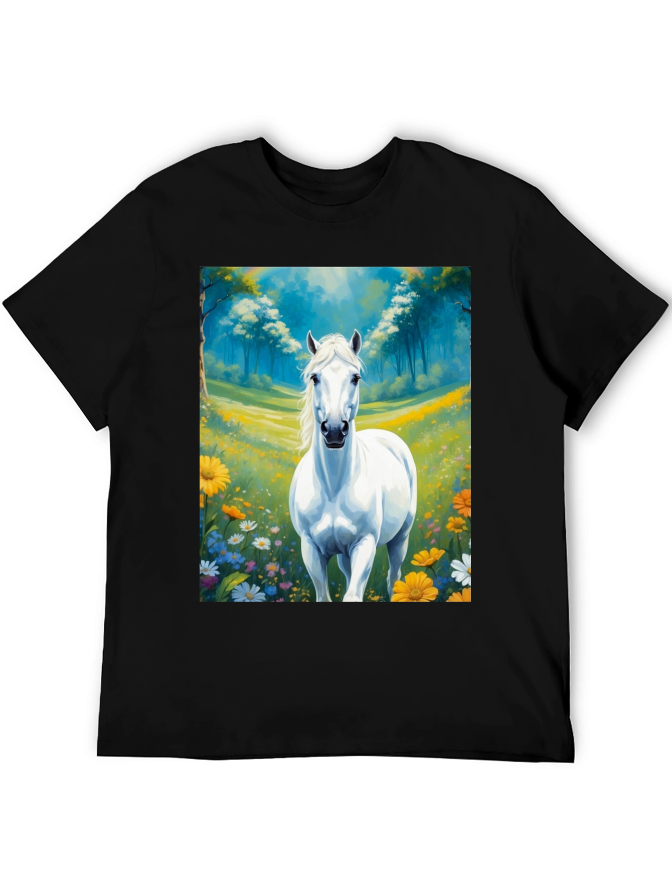 Black White Horse in Meadow Graphic Tee view 5