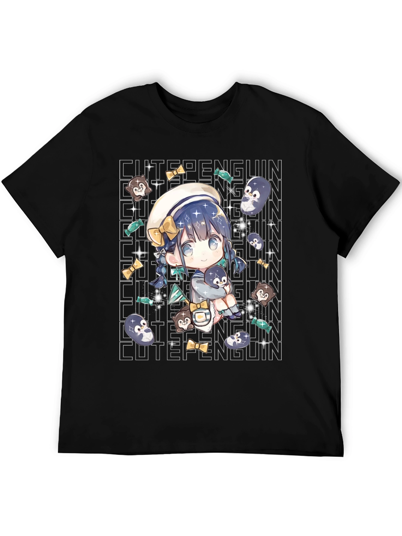 Black Anime Cute Penguin Black T-Shirt view 5