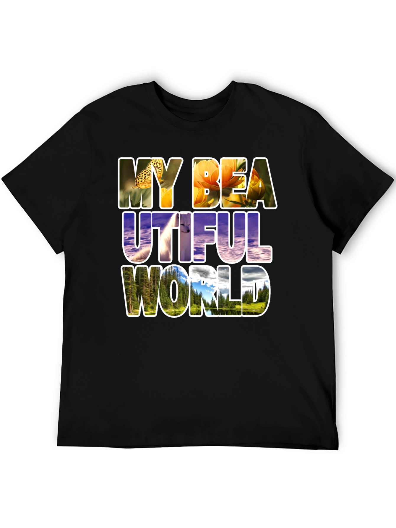 Black Nature Filled Graphic Tee - "My Beautiful World" T-Shirt view 5