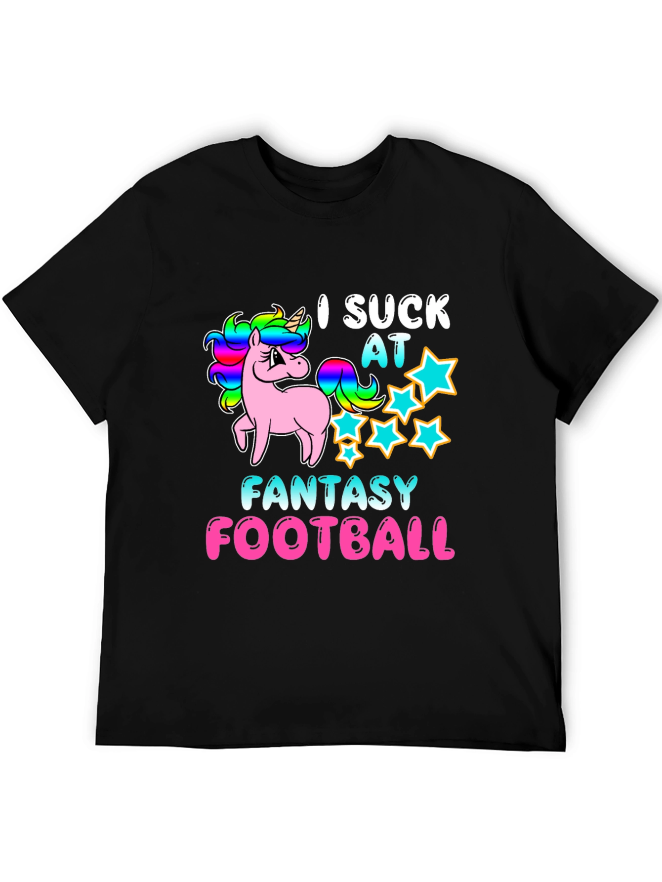 Black I Suck At Fantasy Football Unicorn T-Shirt view 5