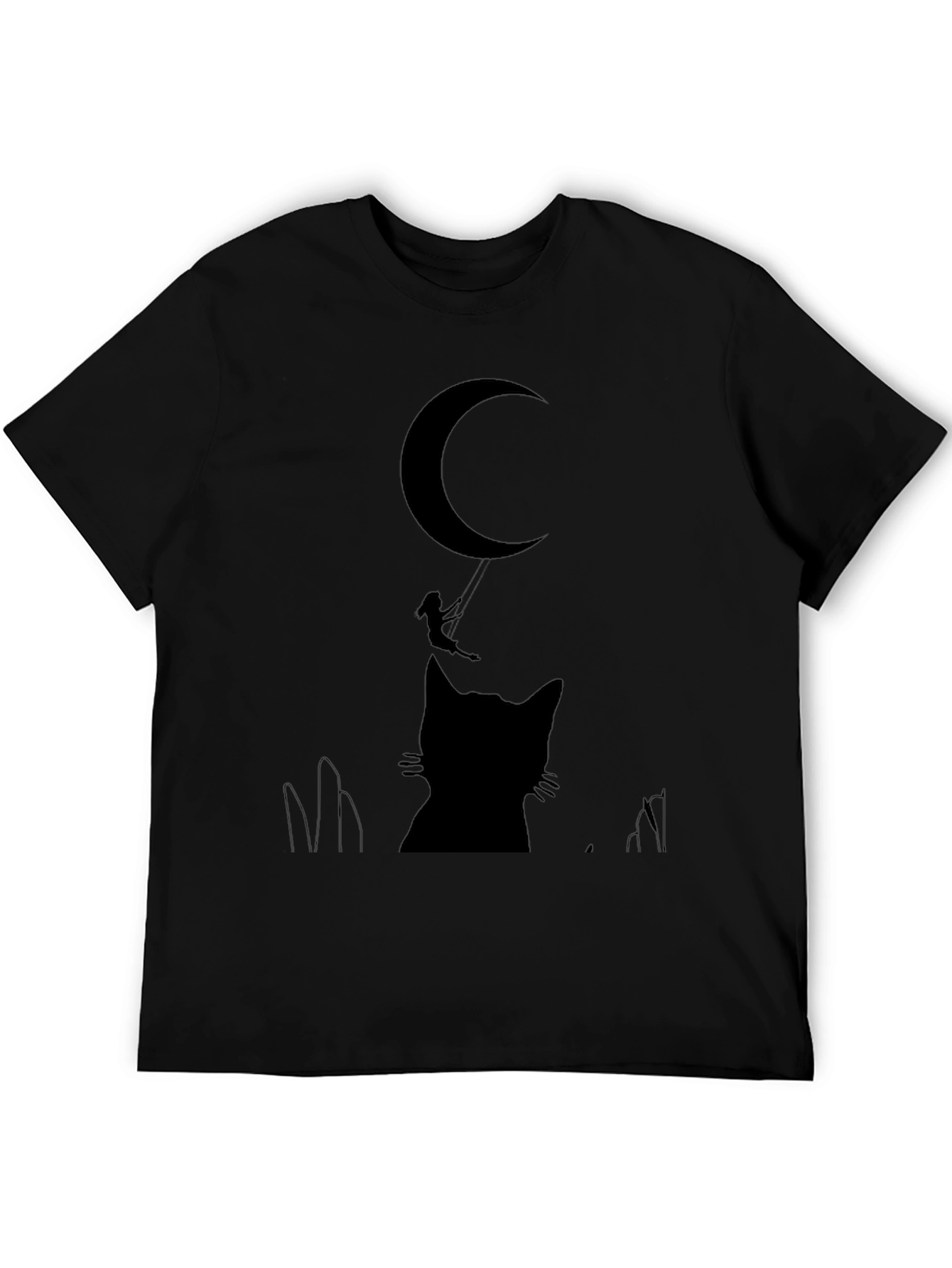 Black Whimsical Cat & Moon Graphic Tee - Black Cotton Blend view 5