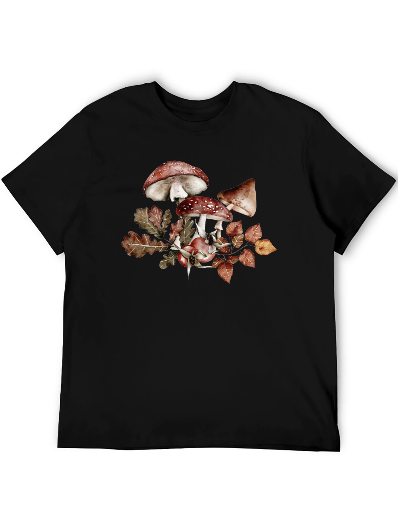 Black Mushroom & Leaves Graphic Tee - Black Cotton view 5