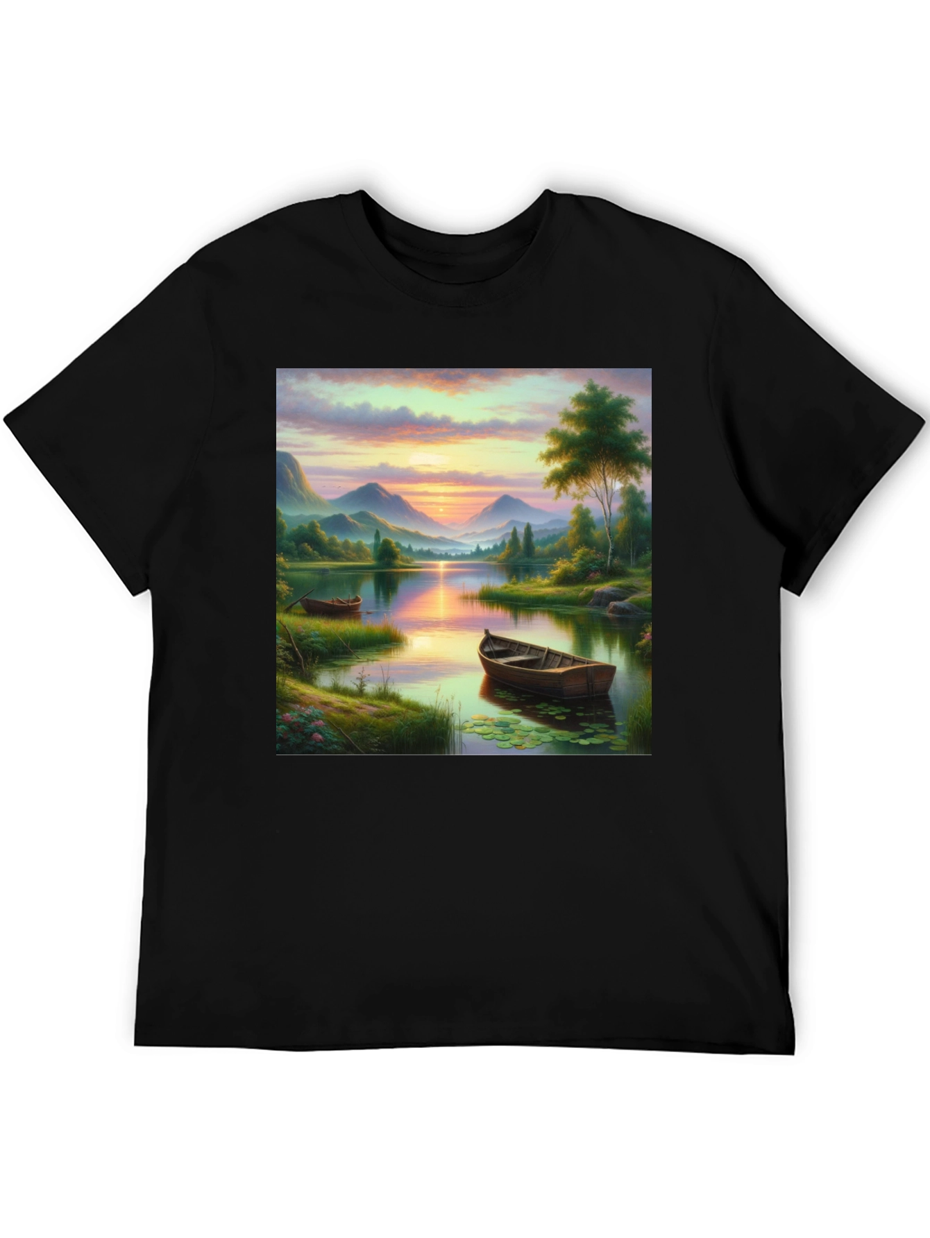 Black Lake Sunset Boat T-Shirt - Artistic Graphic Tee view 5