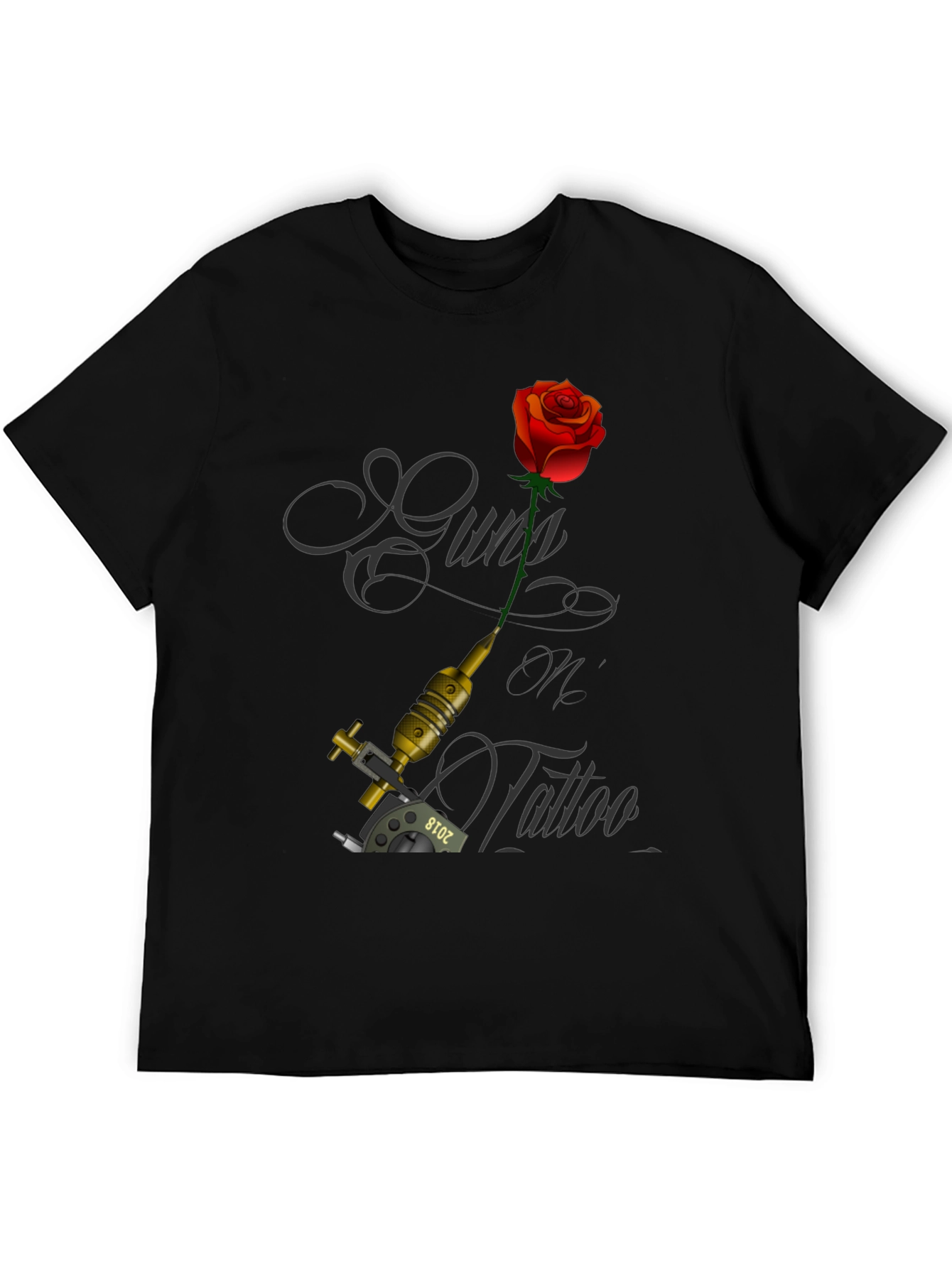 Guns Oil Tattoo Black T-Shirt with Rose and Tattoo Machine - 5
