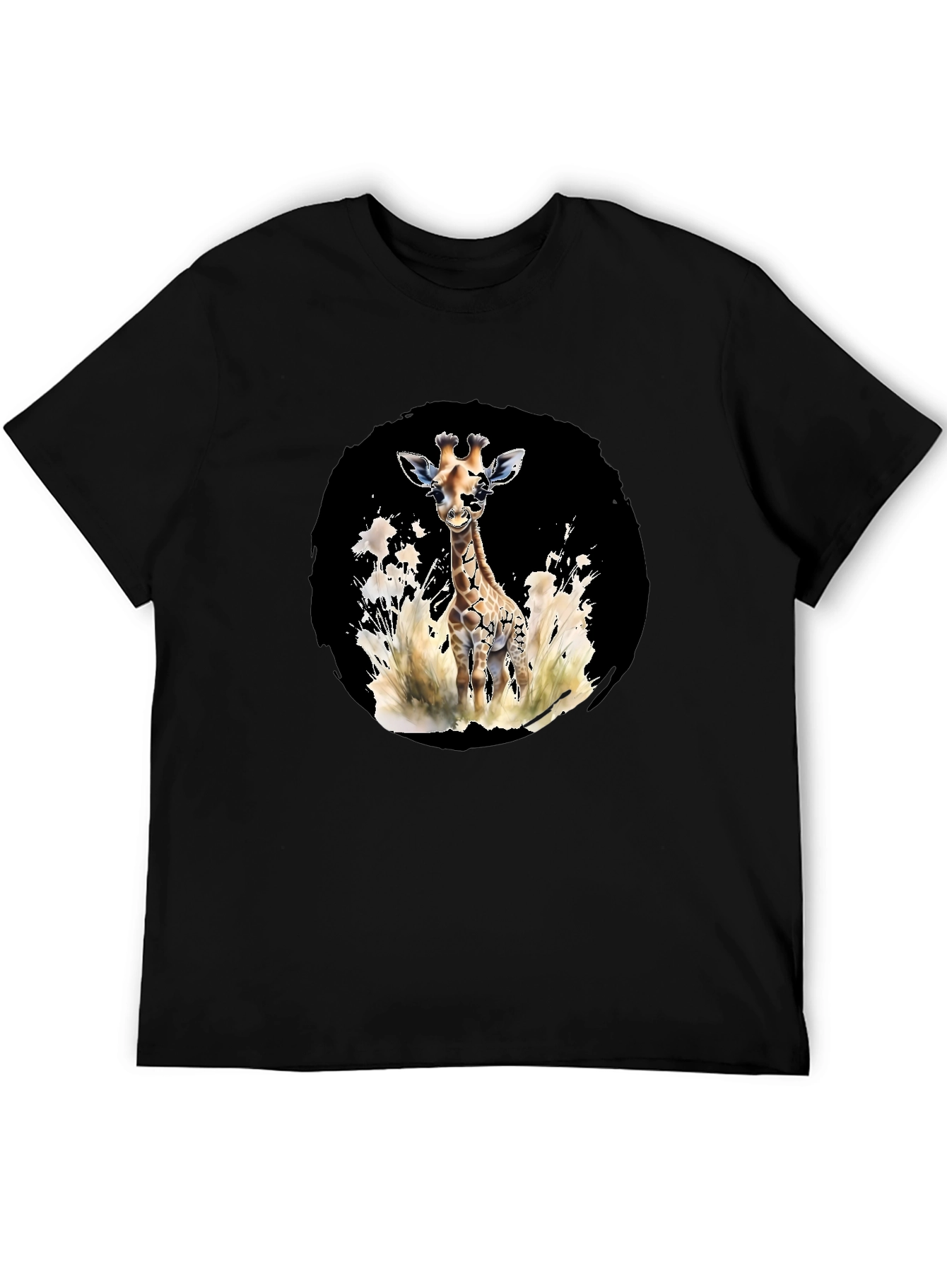 Black Giraffe Watercolor Graphic Tee - Casual Black T-Shirt view 5